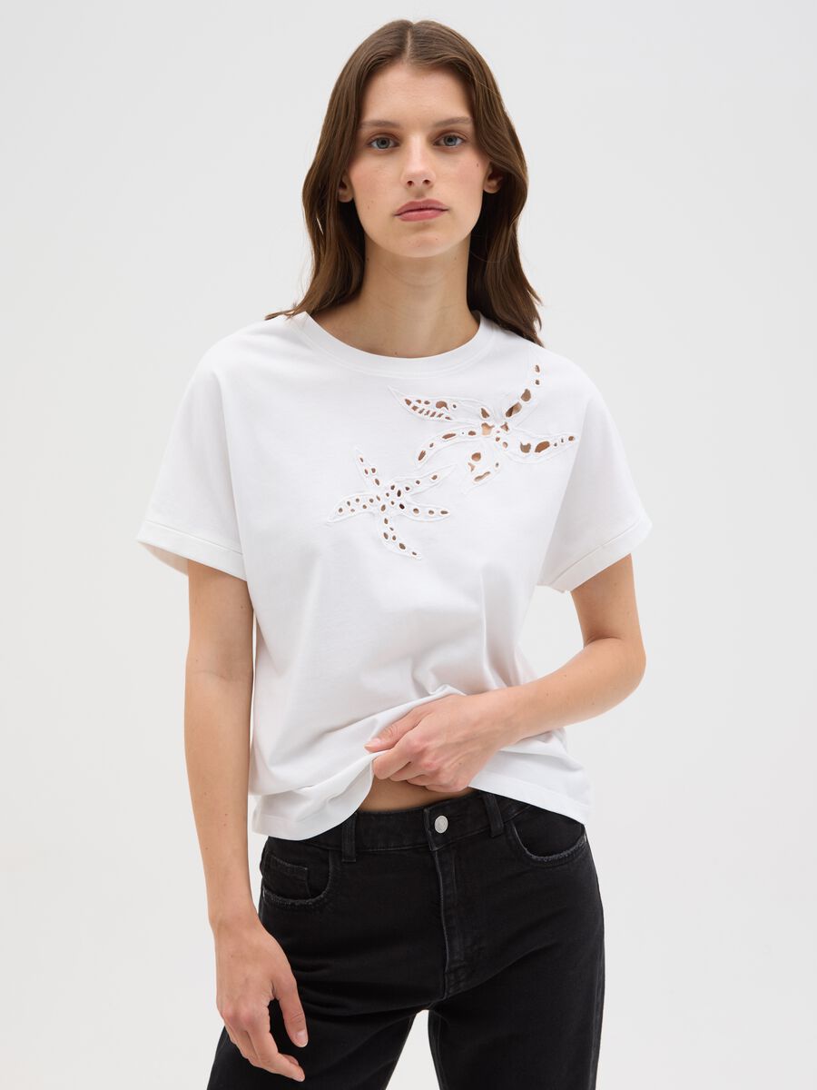 Women's White Cotton T-shirt Regular Fit with Embroidery_0