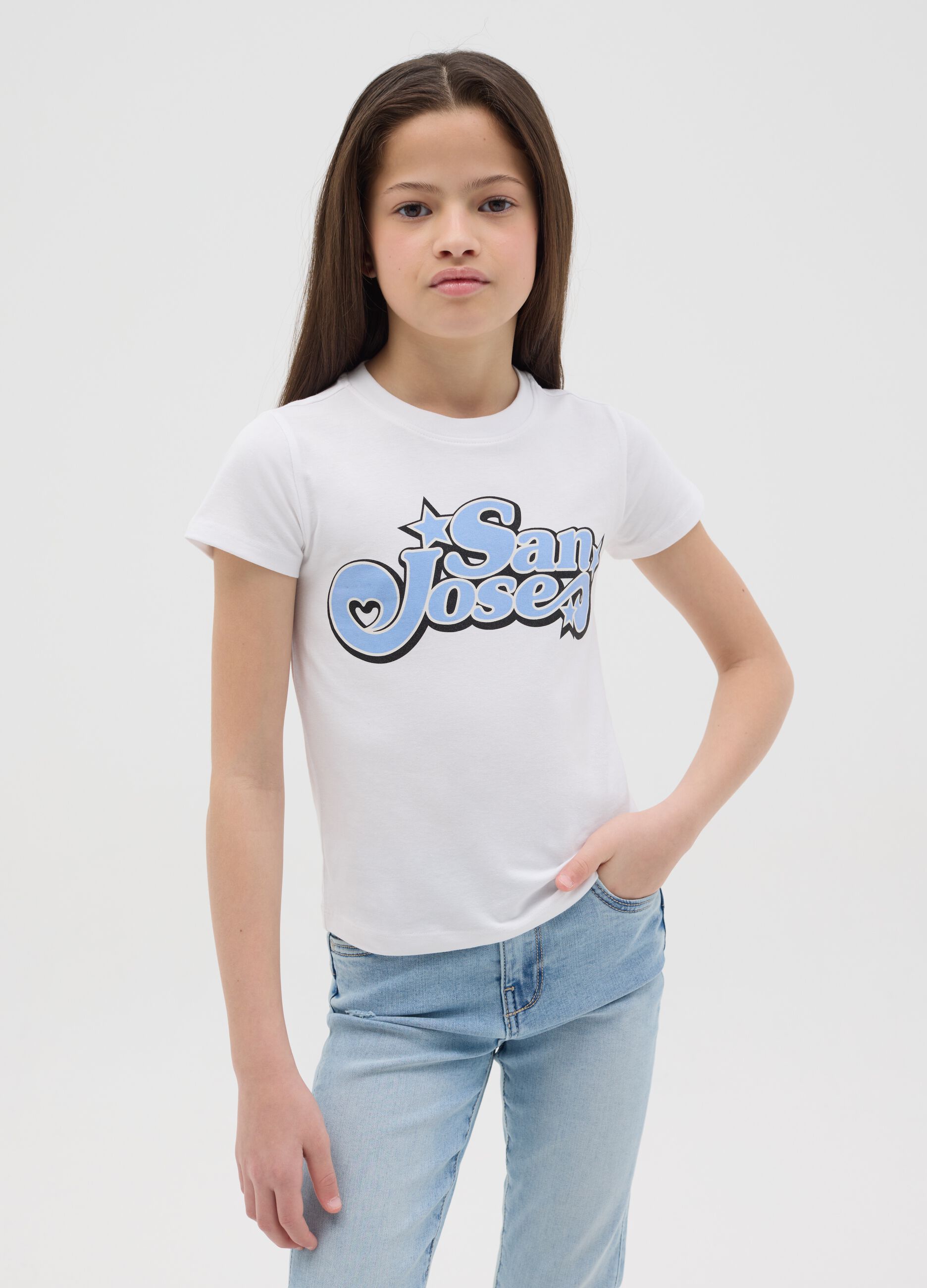 White stretch cotton T-shirt with print