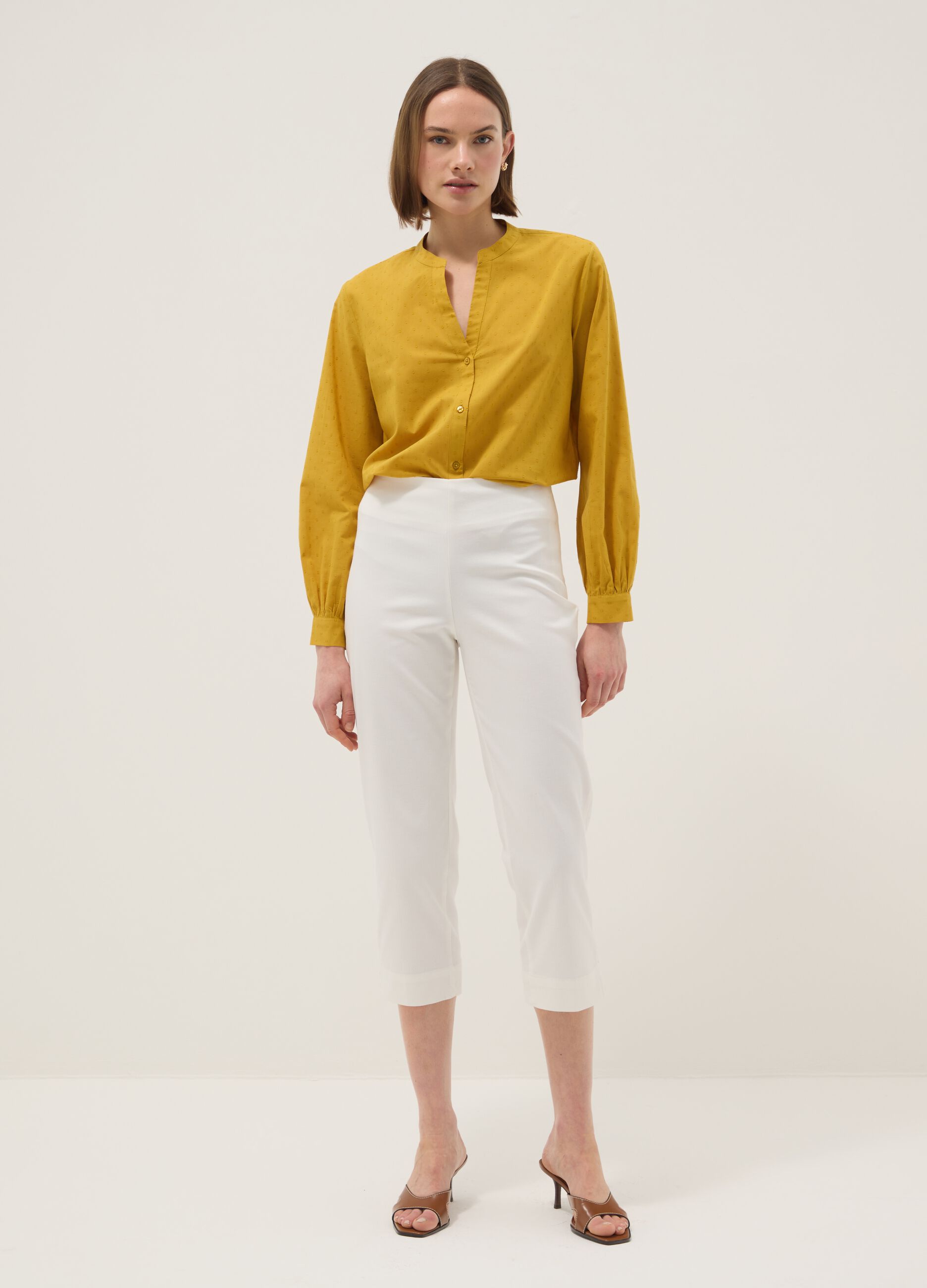 Yellow pure cotton regular fit deep V shirt with polka dots