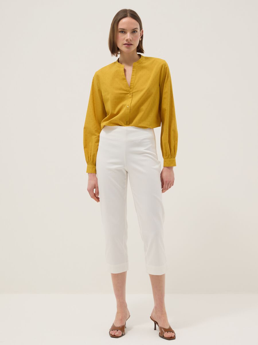 Yellow pure cotton regular fit deep V shirt with polka dots_1