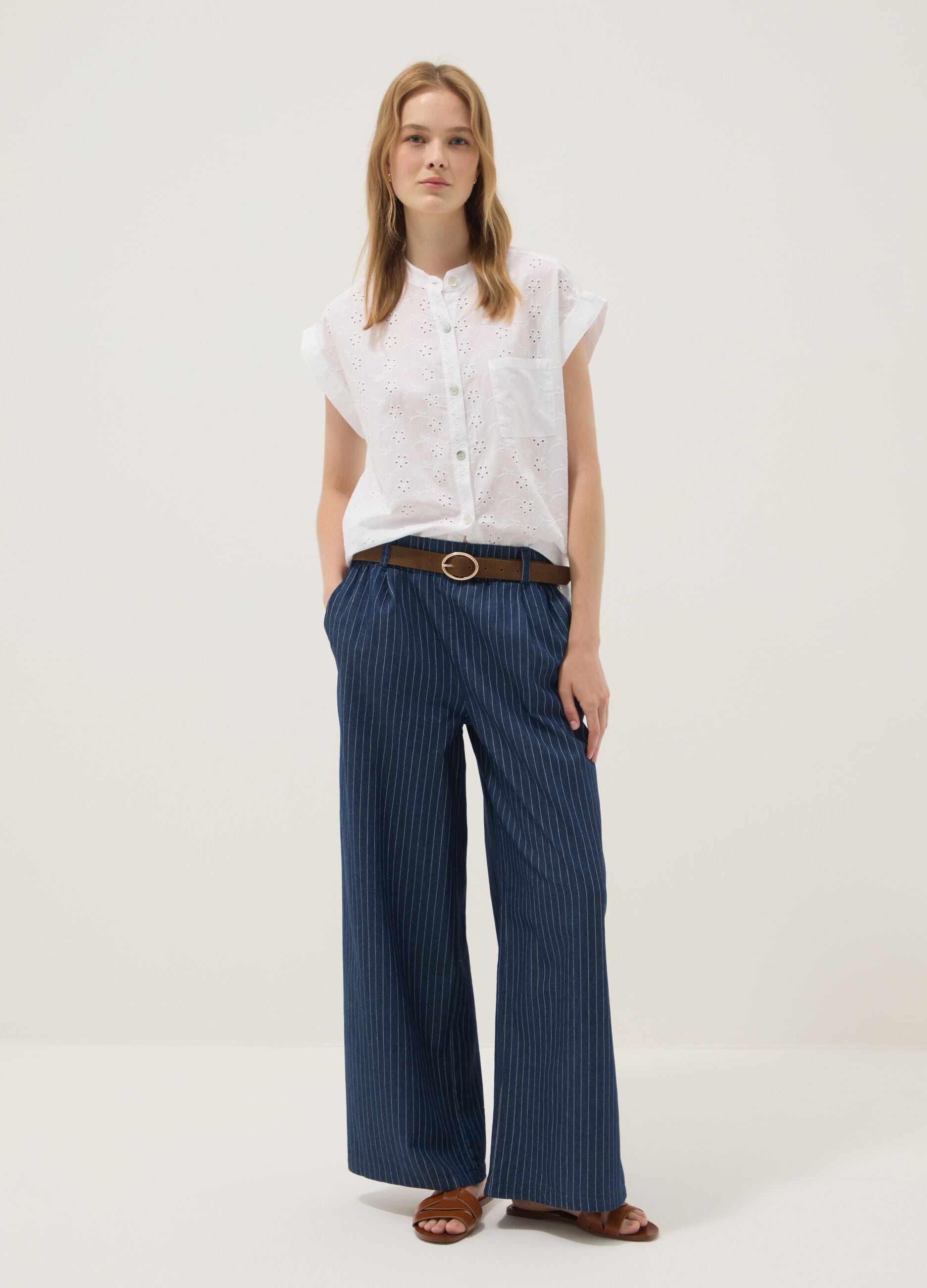 Blue pure cotton striped palazzo trousers