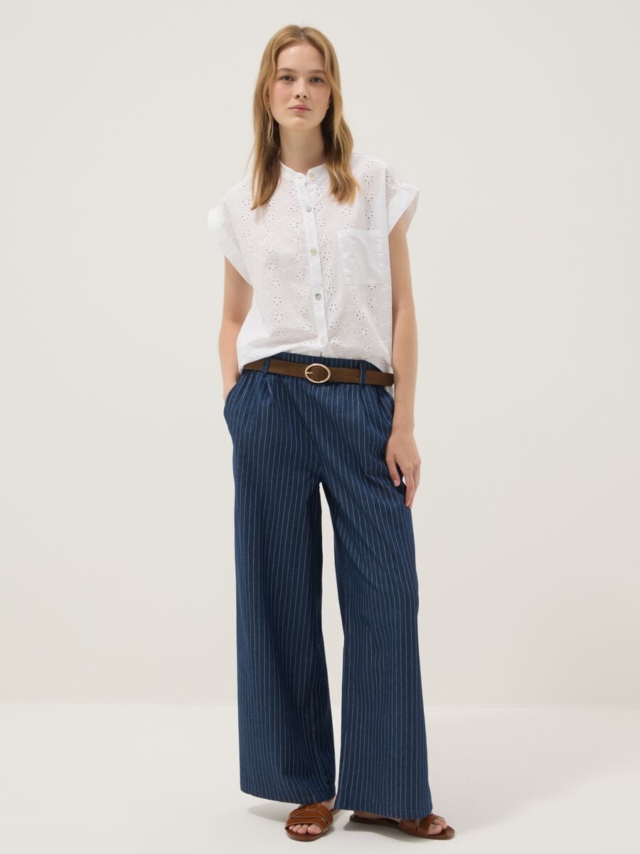 Pantaloni palazzo blu in puro cotone a righe_1