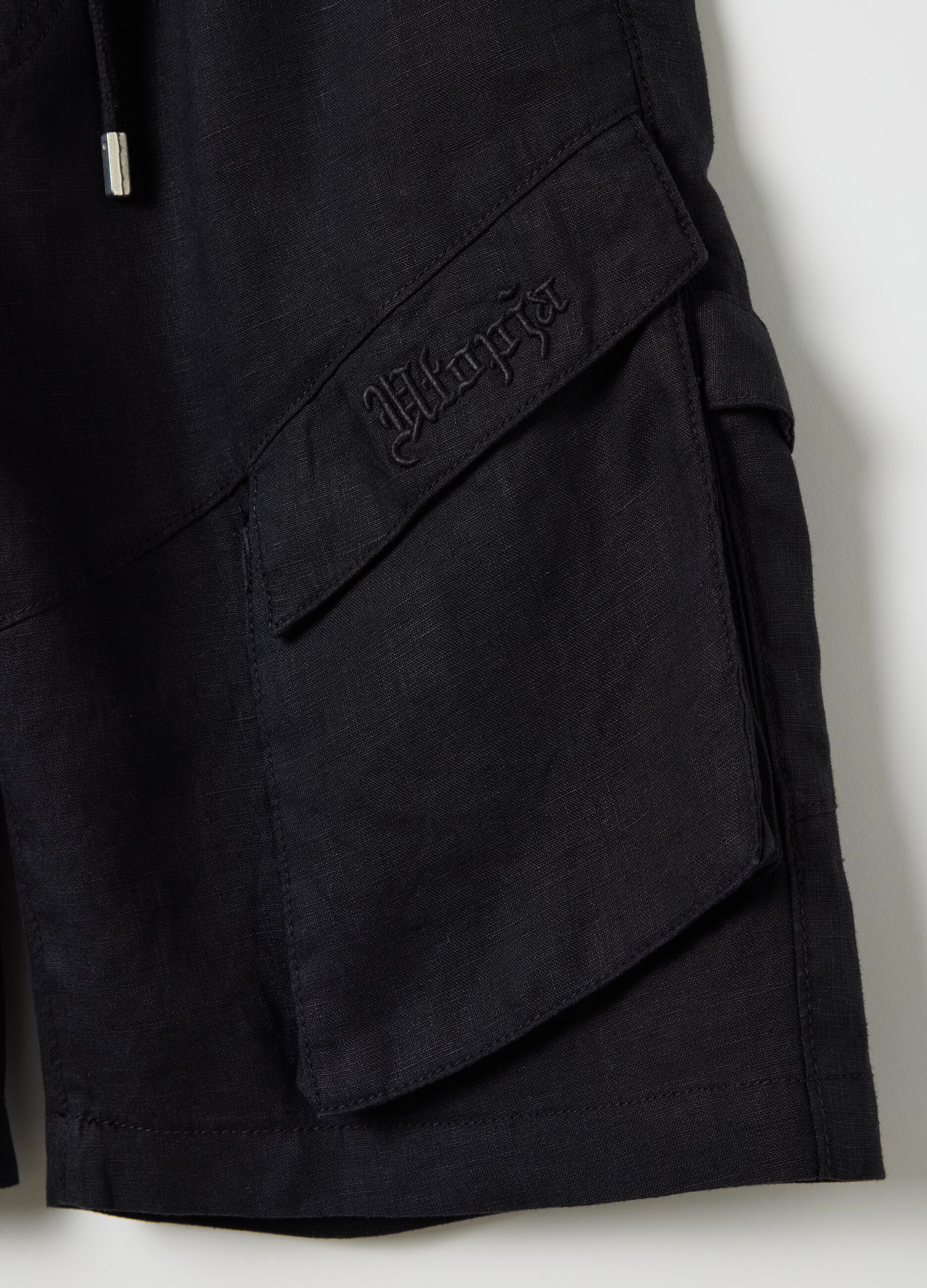 100% Linen Black Cargo Shorts