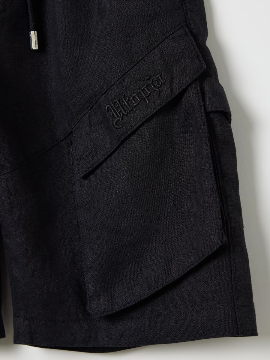 100% Linen Black Cargo Shorts_5