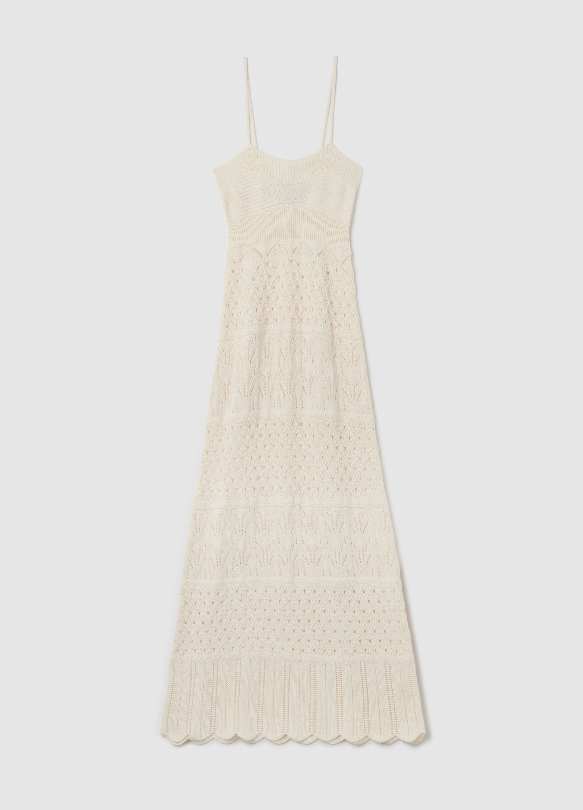Long beige dress in crochet knit