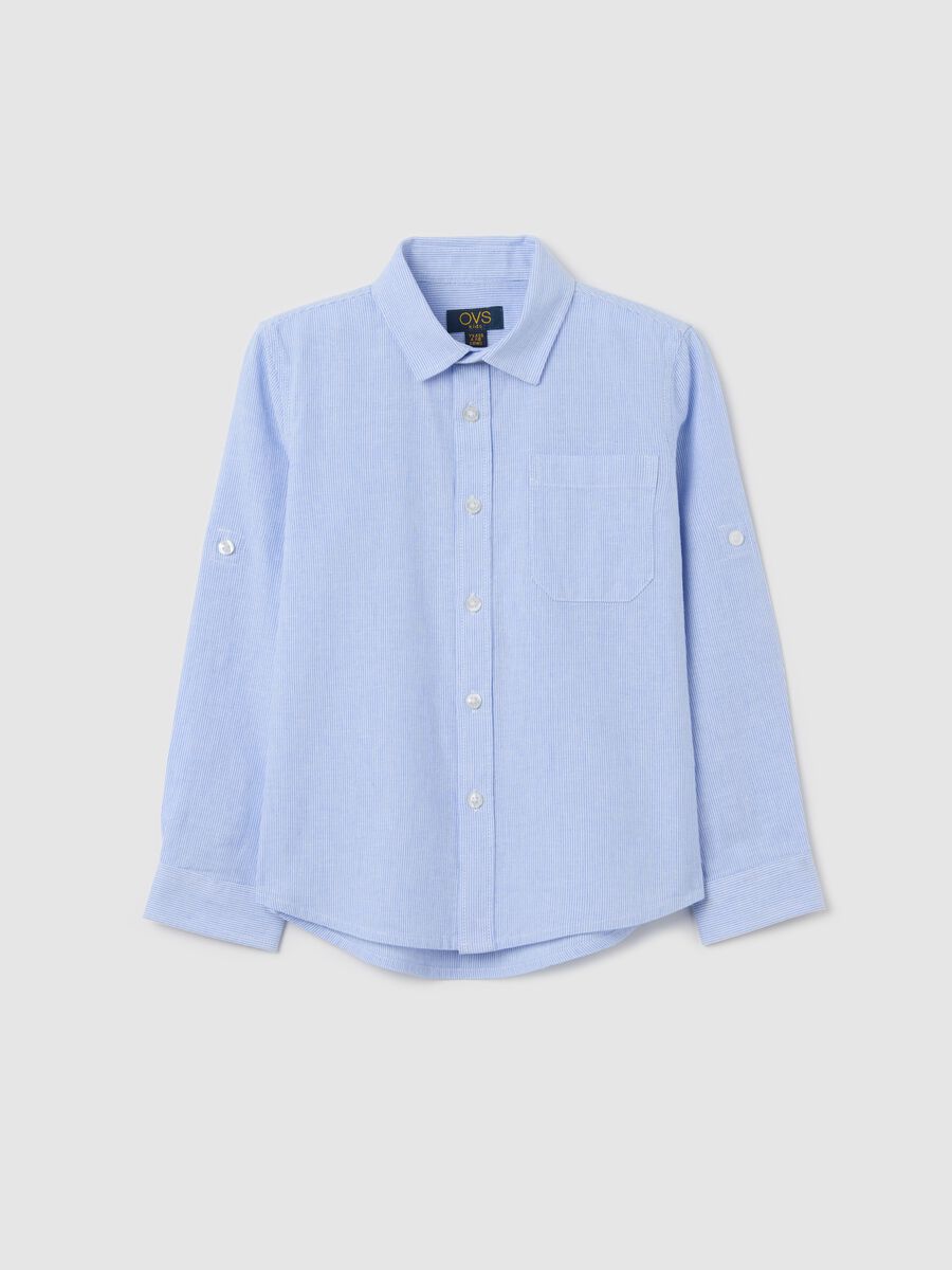 White and light blue shirt in striped linen and cotton_0