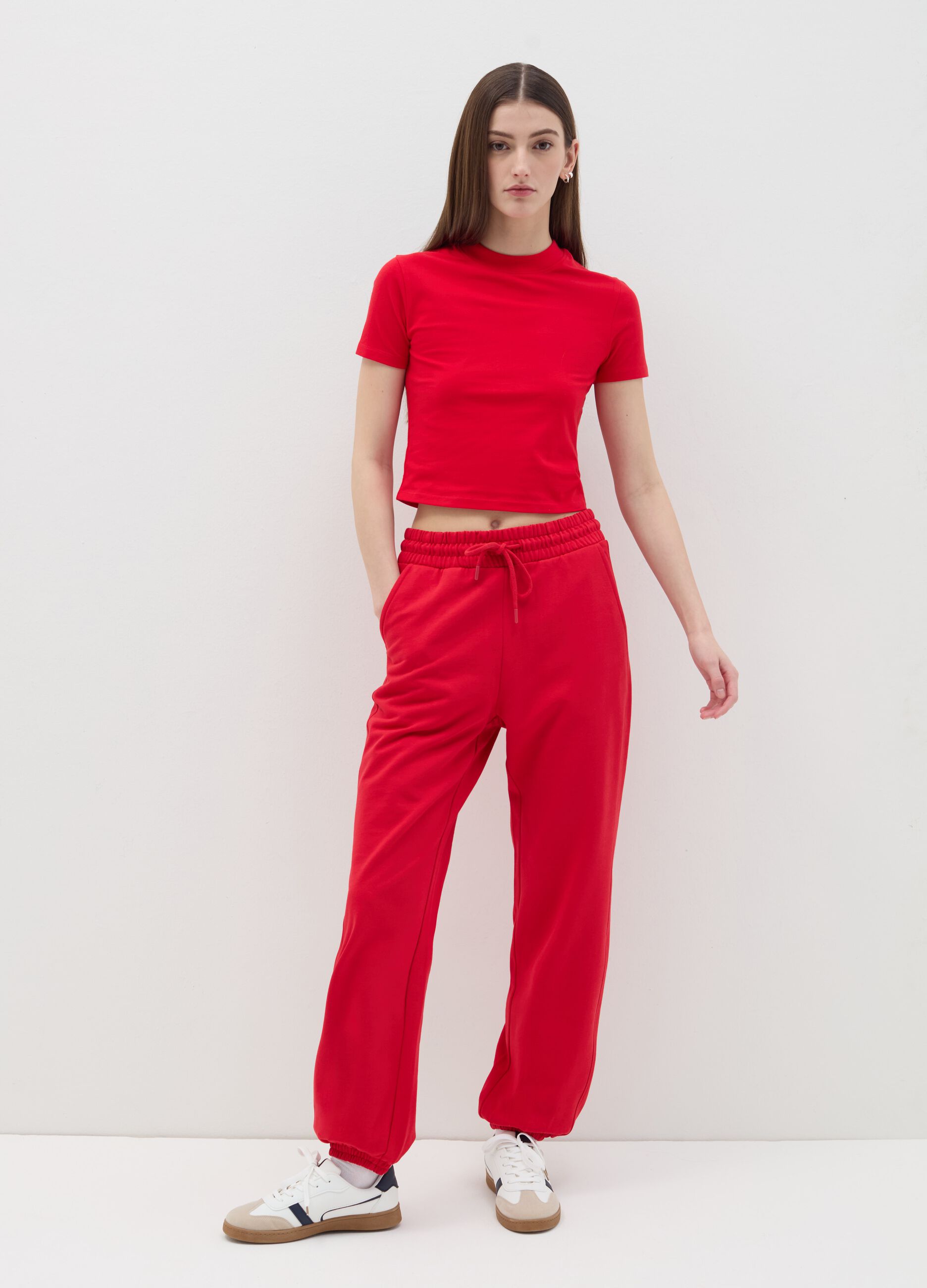 Stretch cotton T-shirt with mock neck