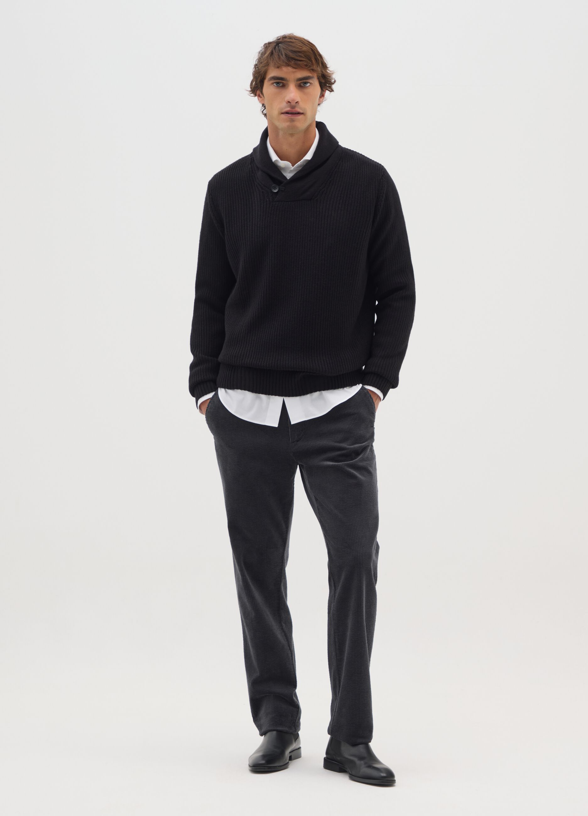 Black Stretch Cotton Regular Fit Cord Trousers
