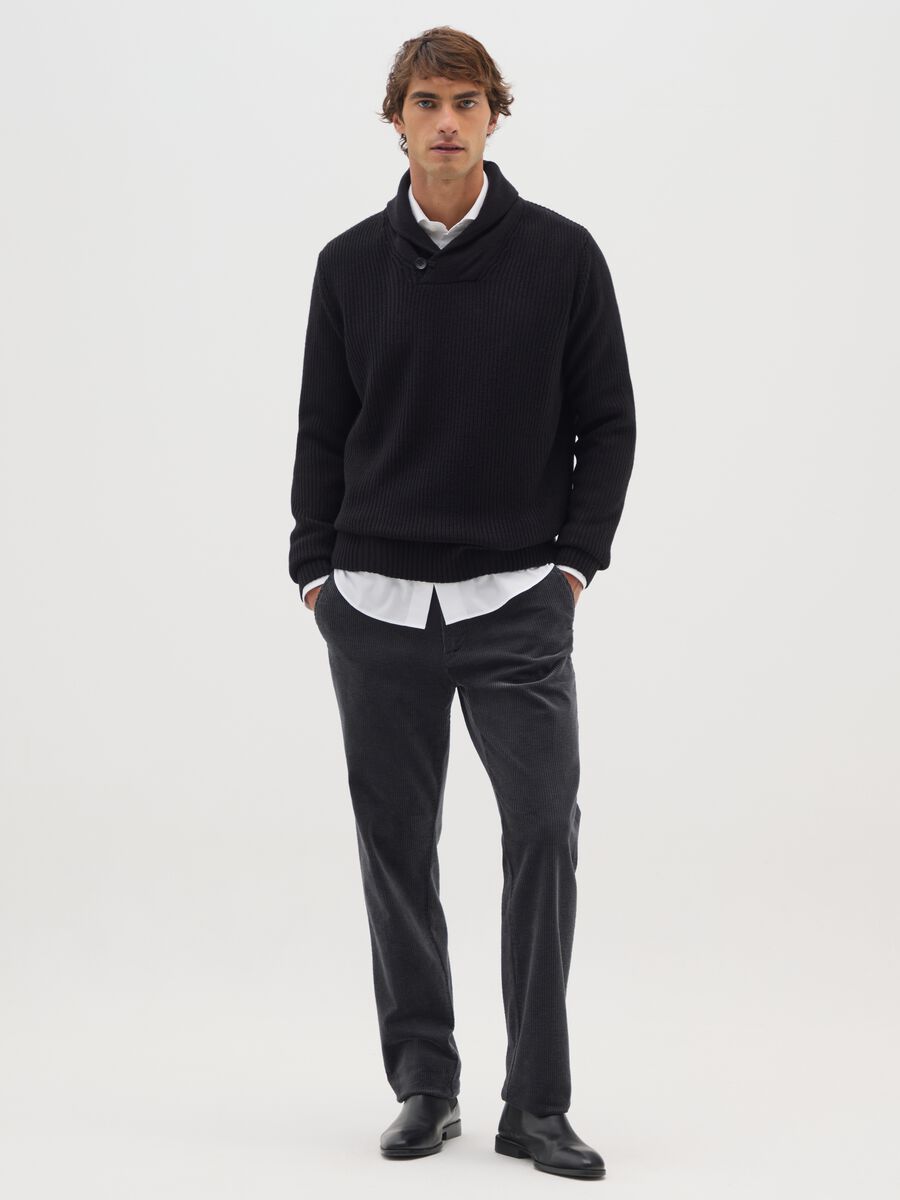 Black Stretch Cotton Regular Fit Cord Trousers_0