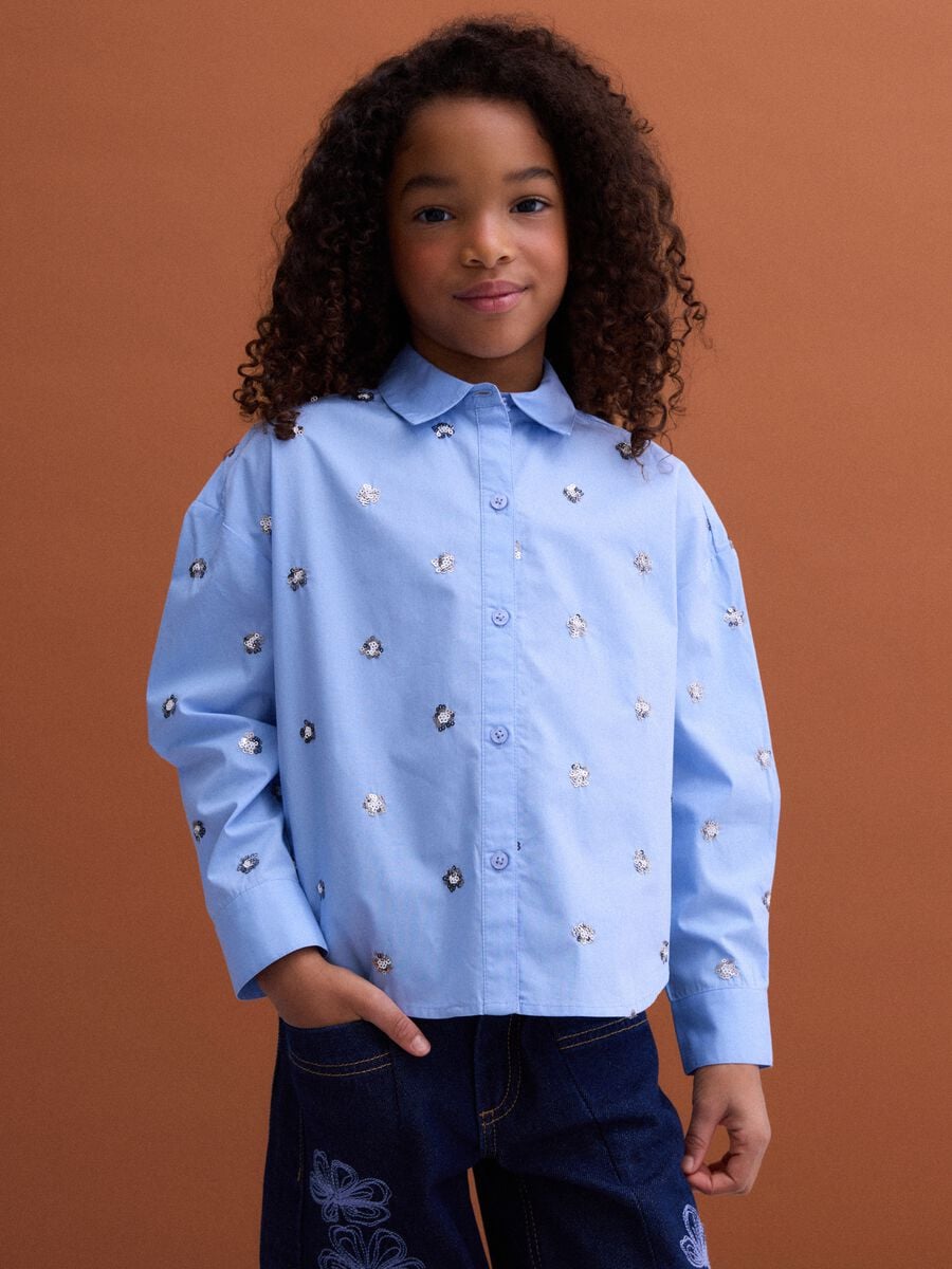 Light blue oversized pure cotton shirt with floral sequins_1