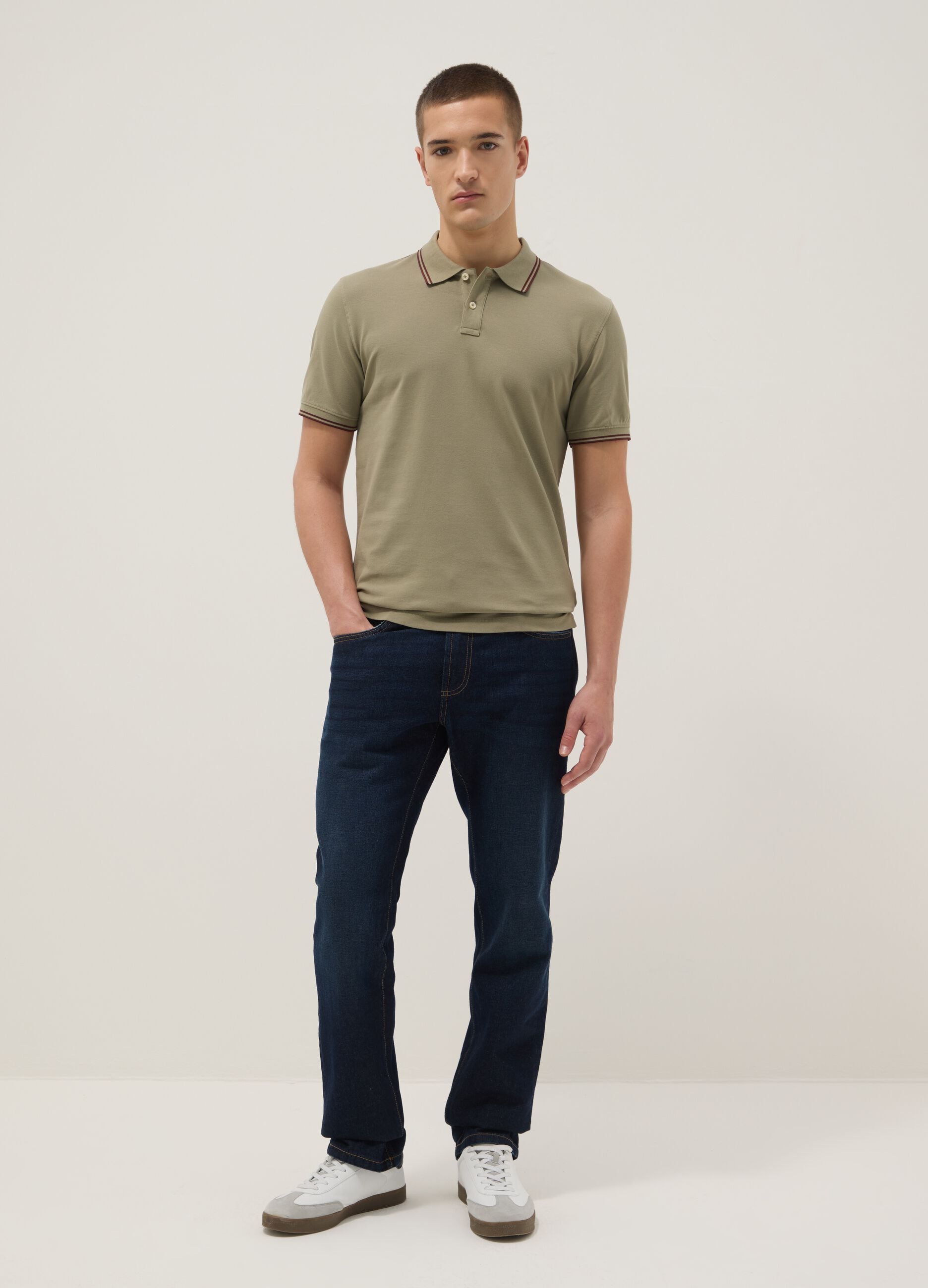 Green stretch cotton polo shirt, regular fit