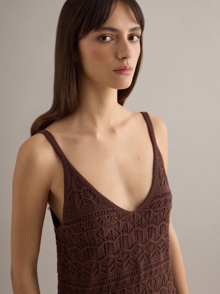 Brown pure cotton long dress slim fit with net texture_3