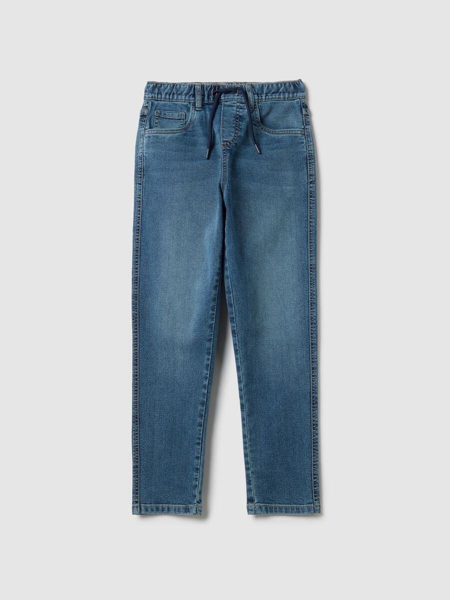 Jeans in misto cotone blu regular fit con cintura elastica_3