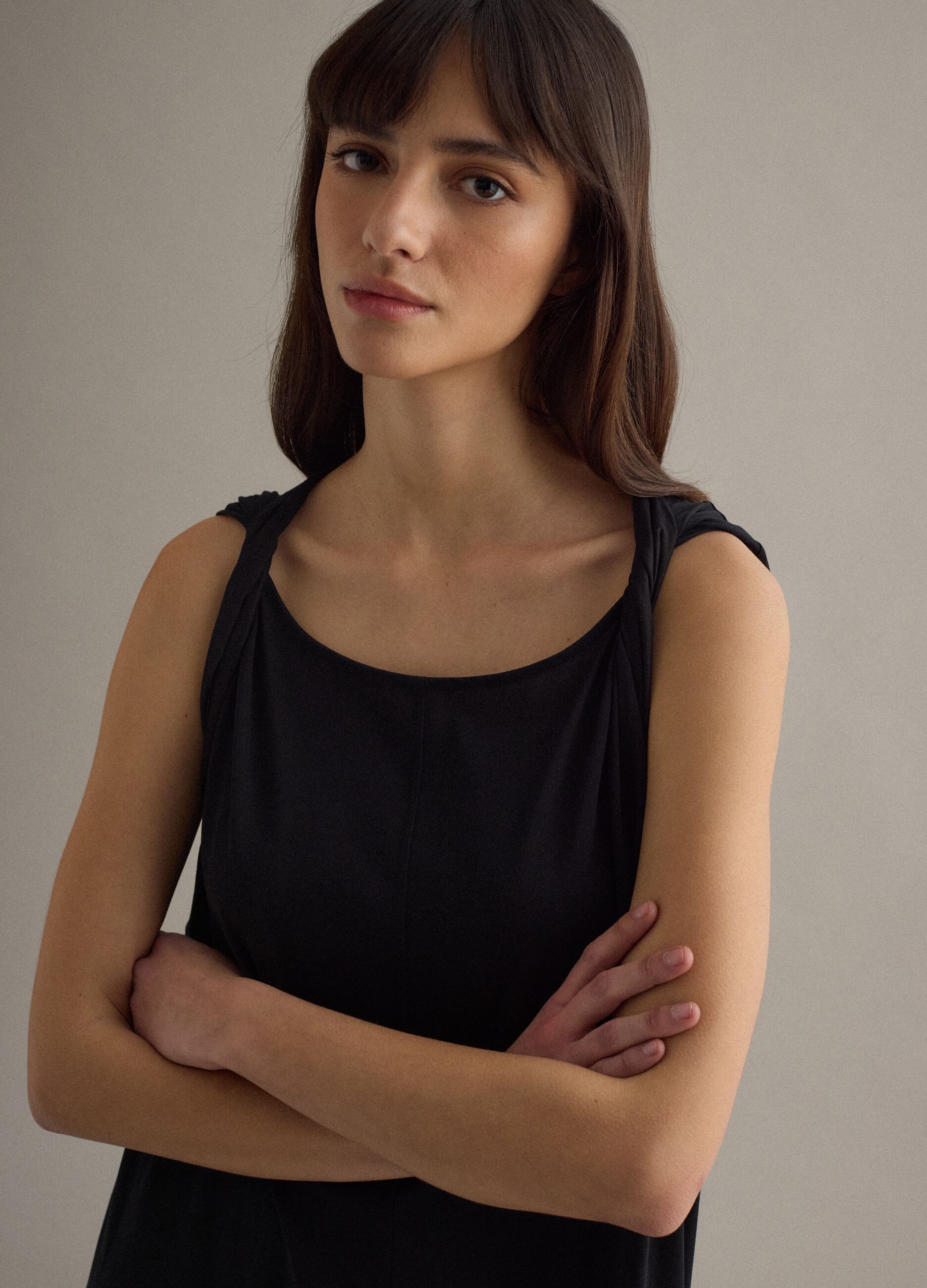 Long black cotton-blend dress, regular fit