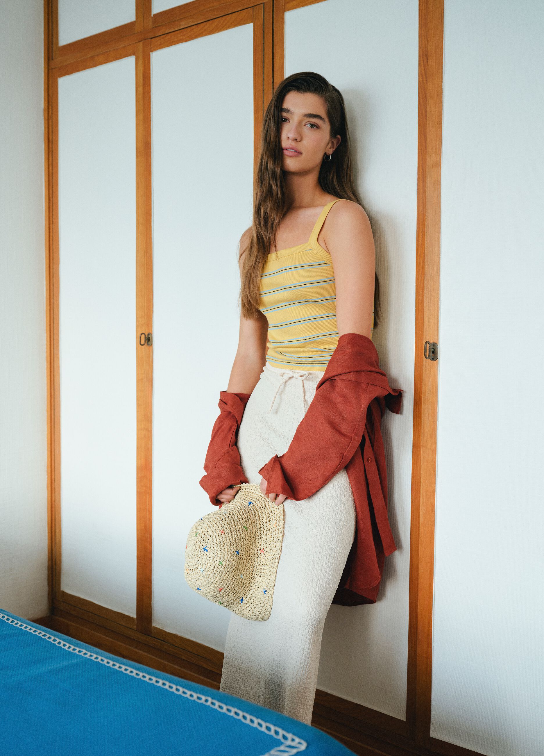 Yellow striped pure cotton regular-fit tank top