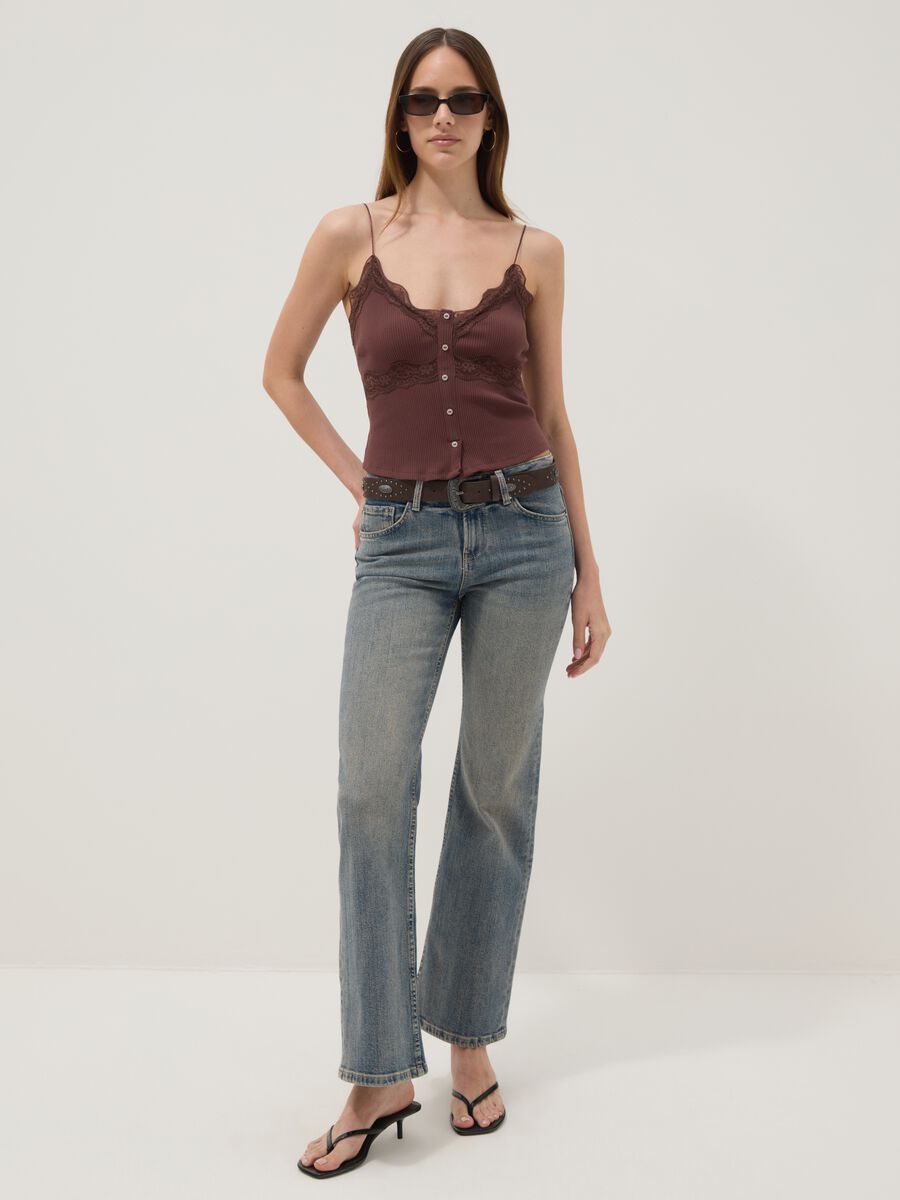 Brown stretch cotton fitted top with lace trim_1