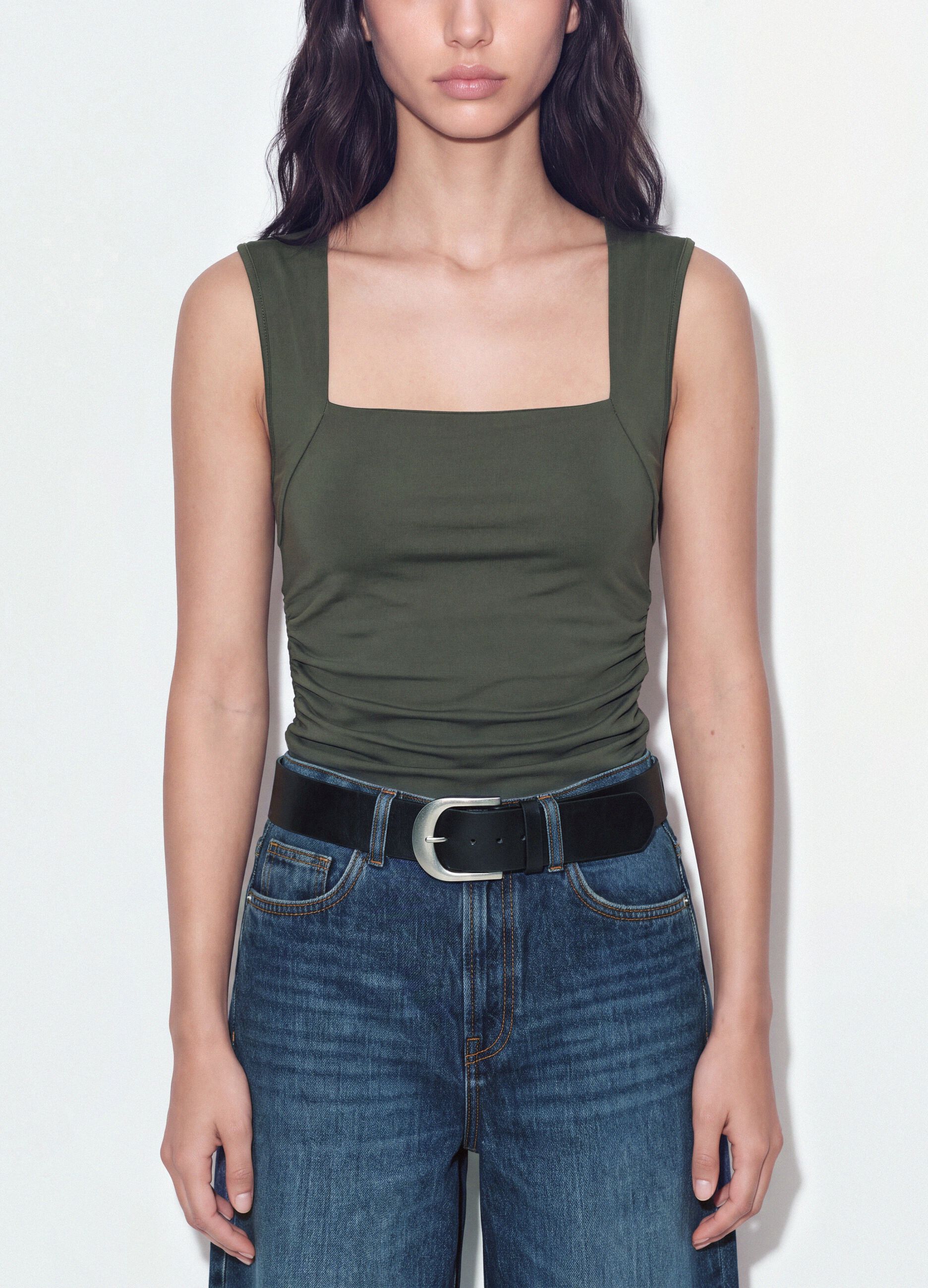 Green stretch tank top with side ruching