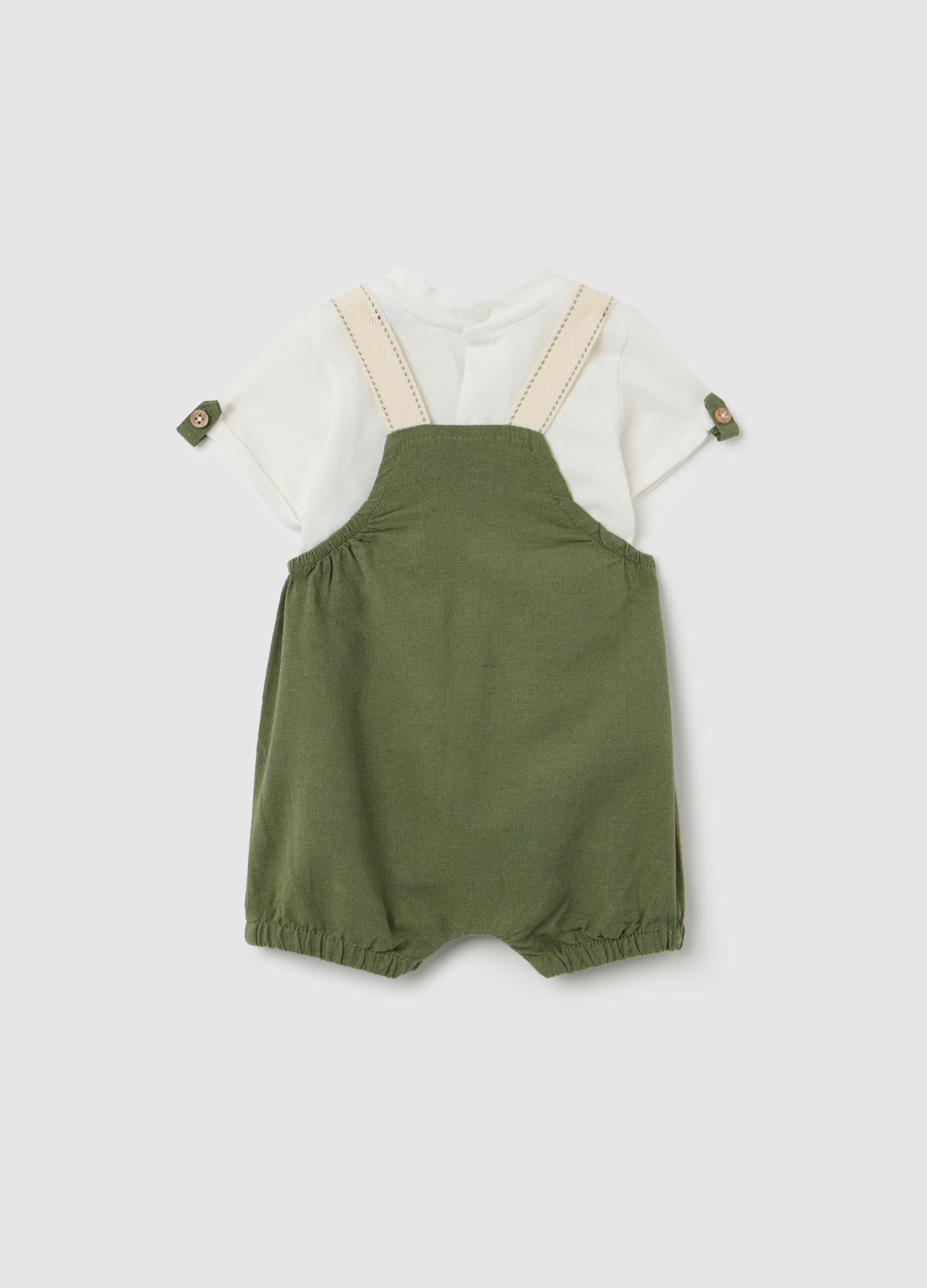 Baby set with green cotton and linen t-shirt and dungarees