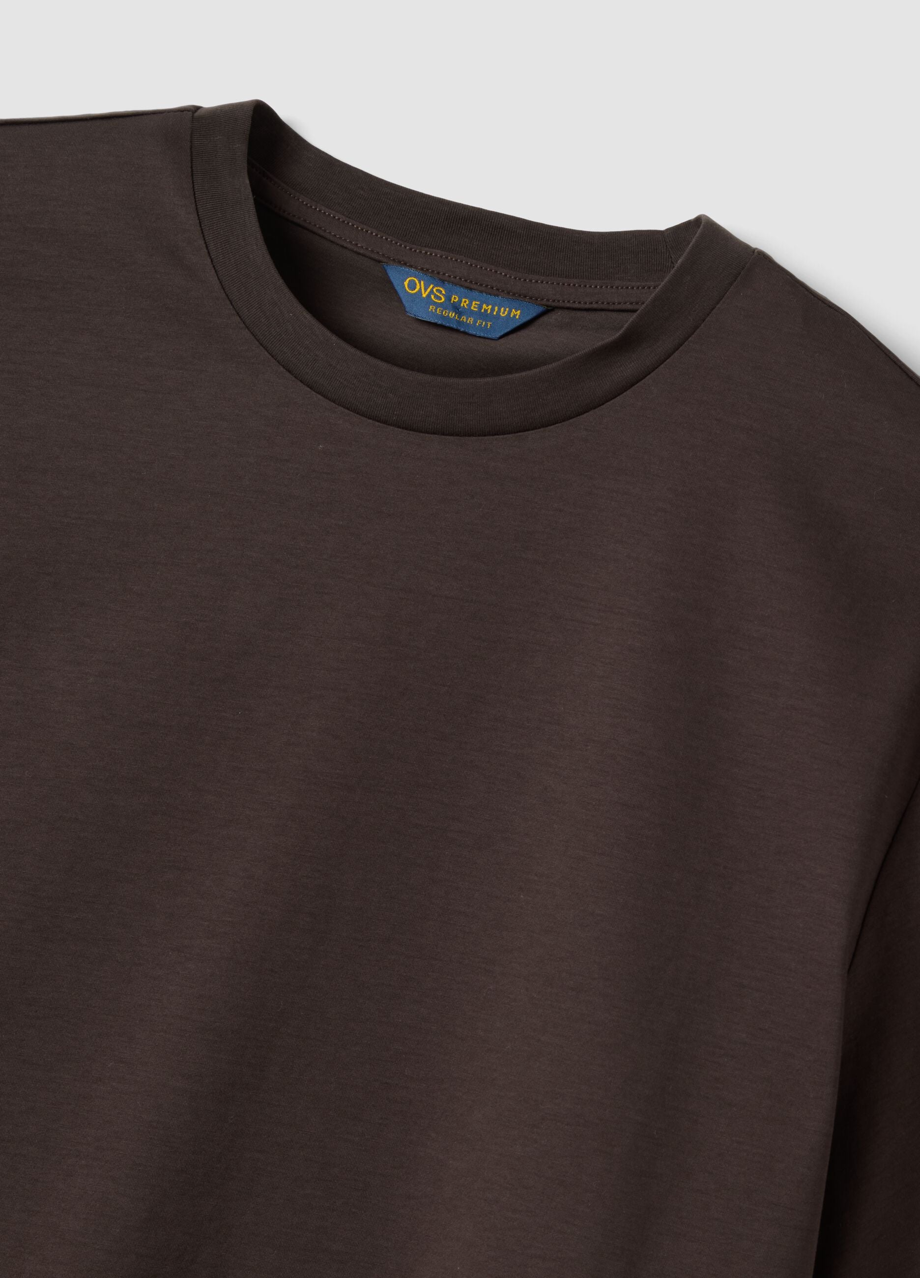 Brown mercerised pure cotton crew-neck T-shirt, regular fit