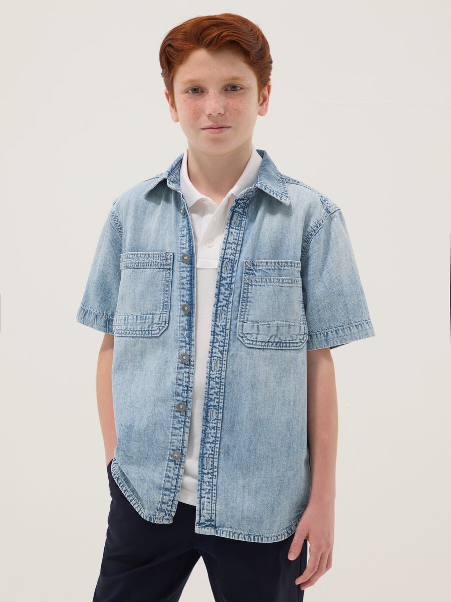 Light blue short-sleeve pure cotton denim shirt_0