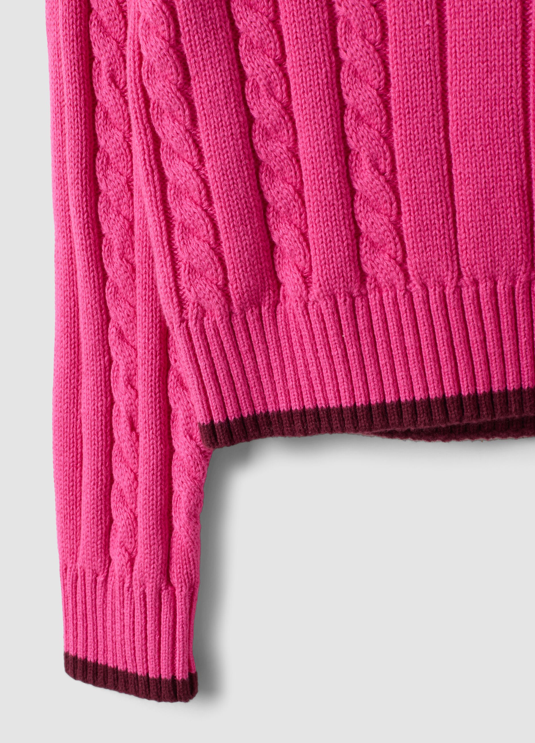 Maglia rosa in puro cotone a trecce con scollo a V per bambina