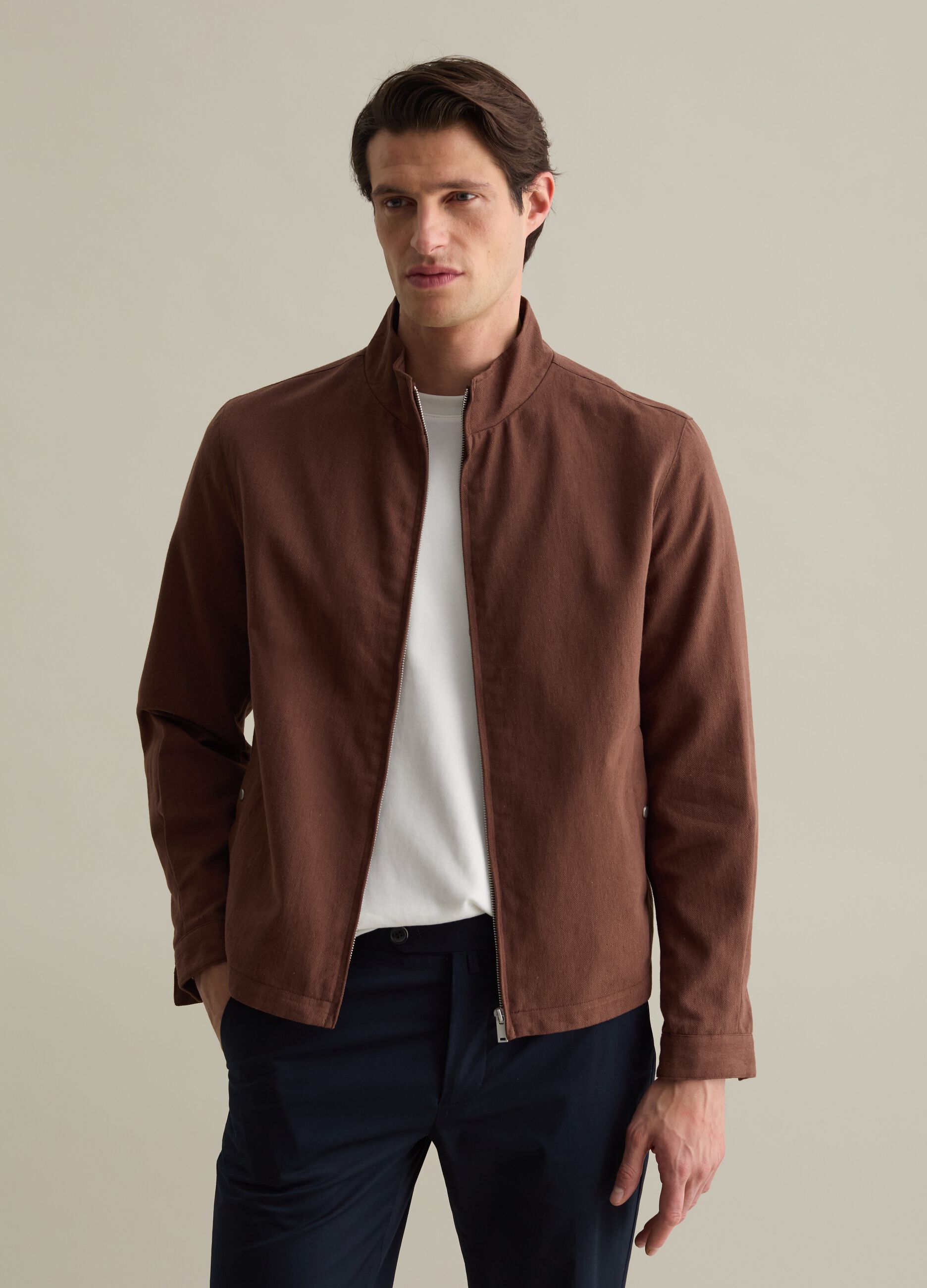 Full-zip bomber jacket in cotton and linen