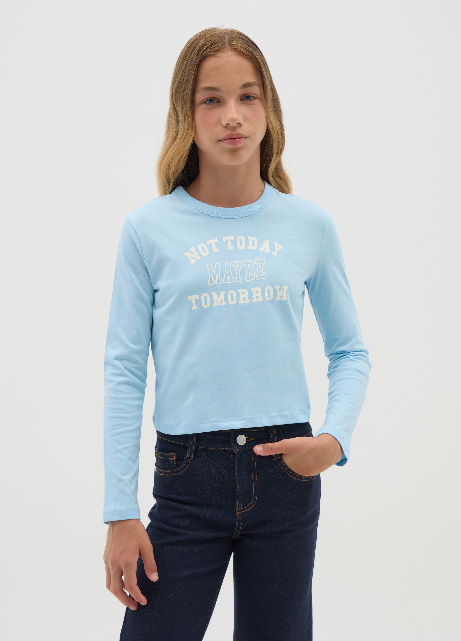 Girls' Blue Long-Sleeved Top in Pure Cotton