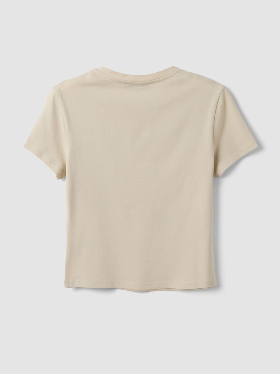 Beige pure cotton cropped T-shirt with crew neck and print_1