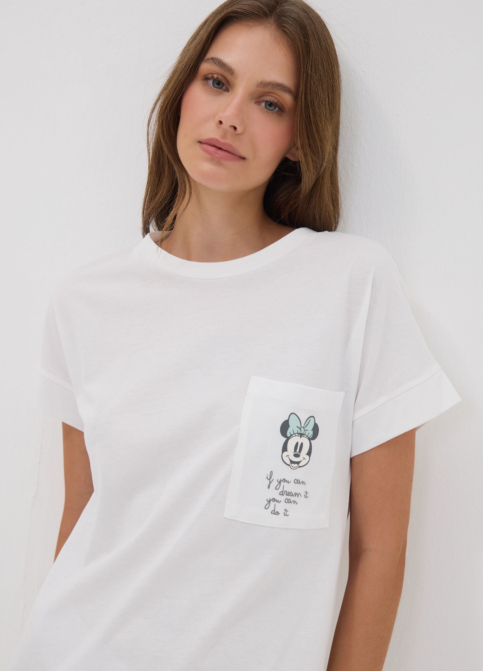 Camicia da notte bianca in puro cotone organico con stampa Minnie
