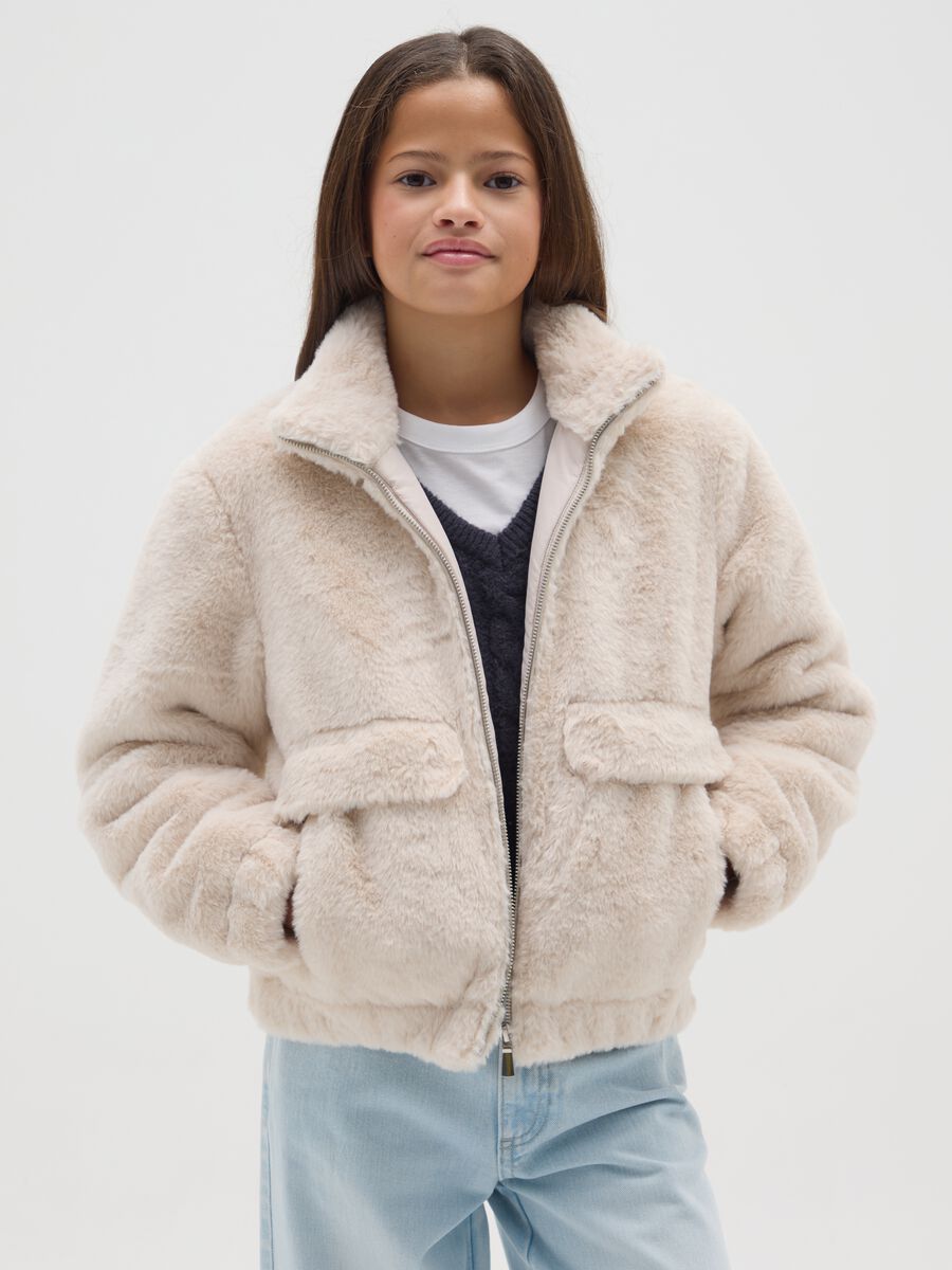 Girls' padded beige jacket with hood_0