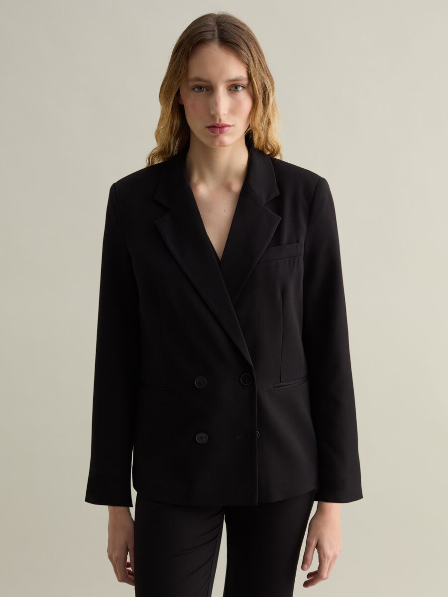 Solid colour double-breasted blazer_0