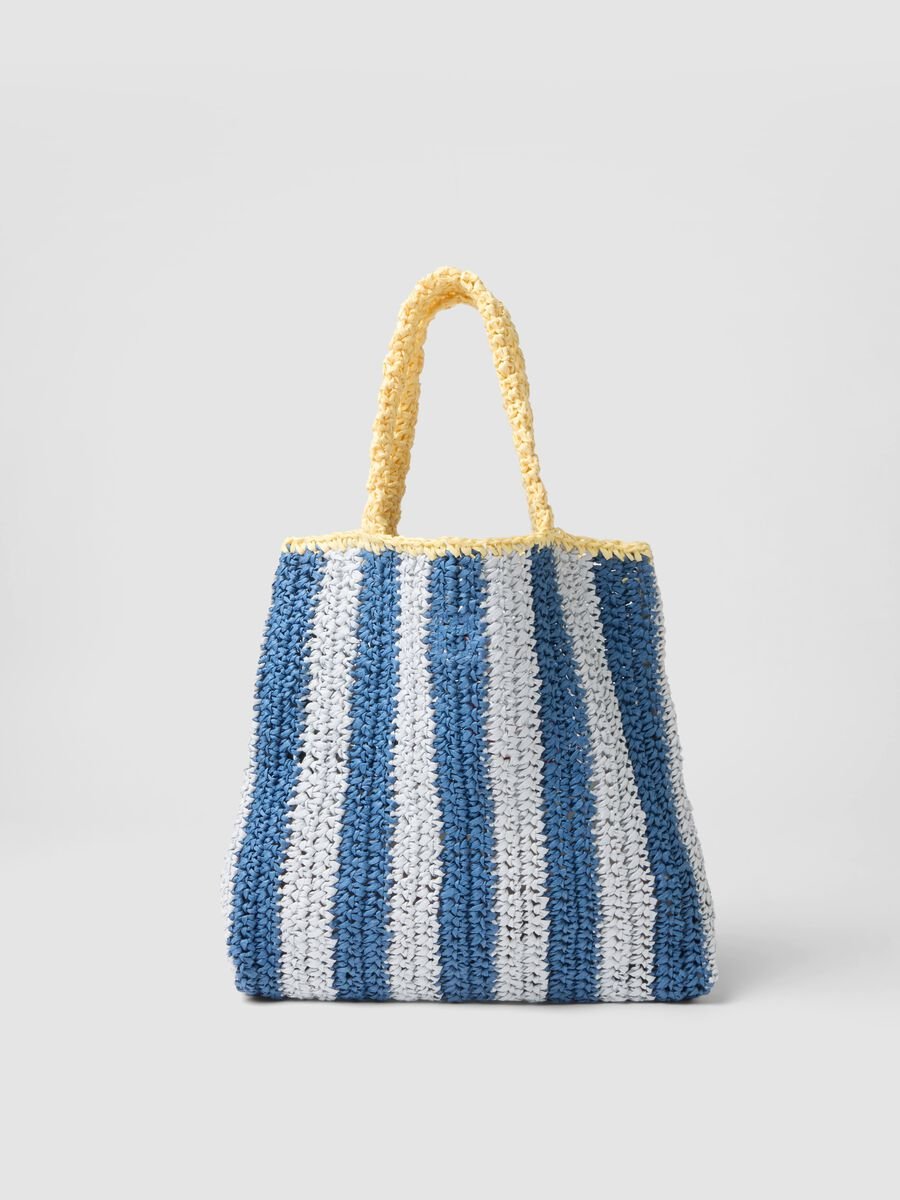 Borsa mare a righe multicolor in puro tessuto carta con scritta_1