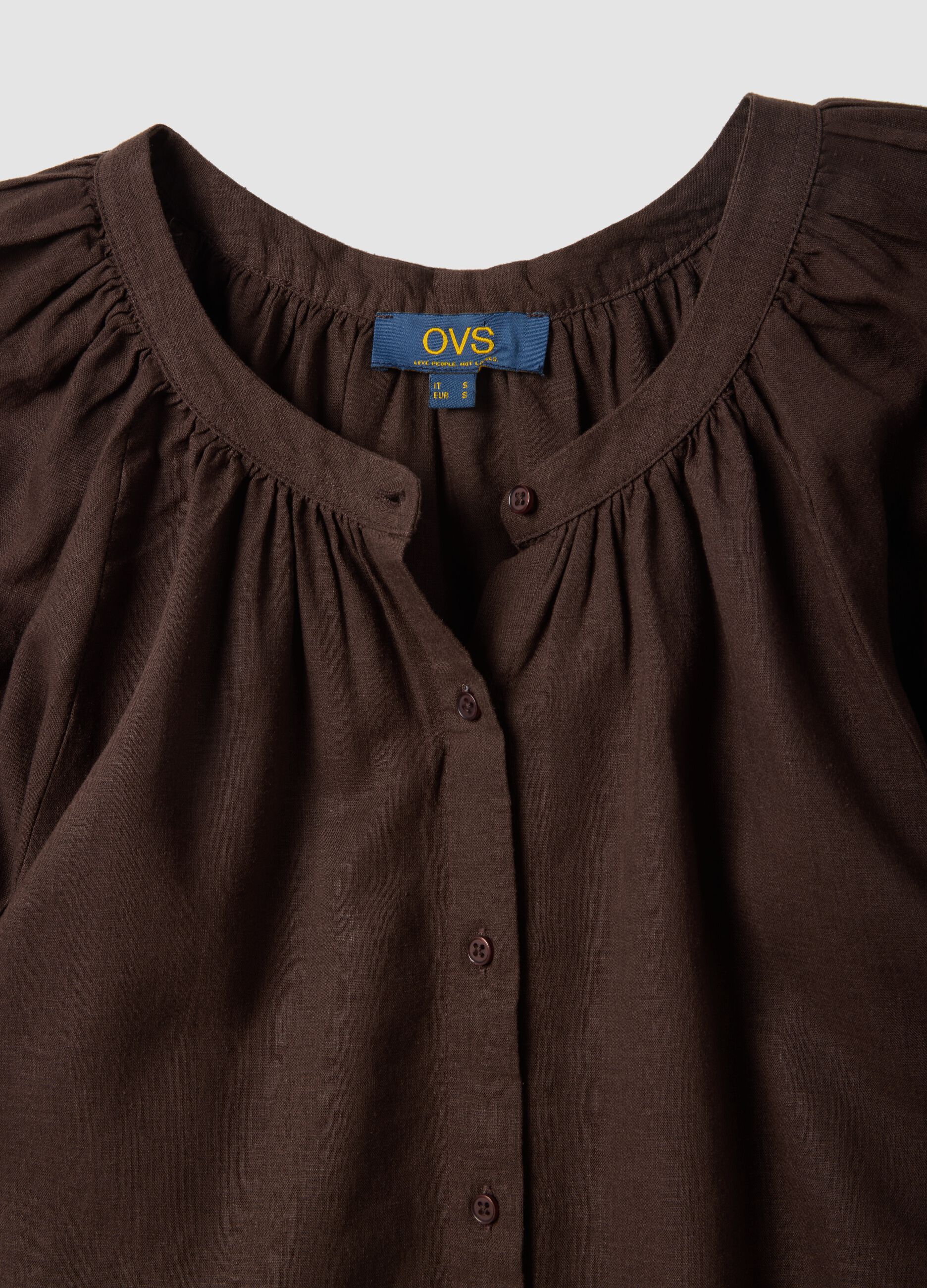 Brown linen blend regular fit shirt with Mandarin collar