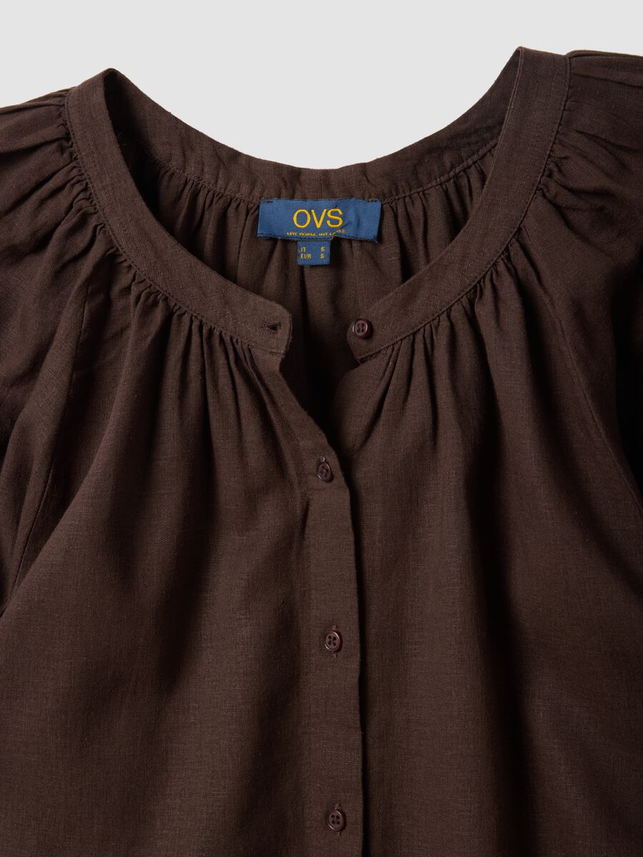 Brown linen blend regular fit shirt with Mandarin collar_5