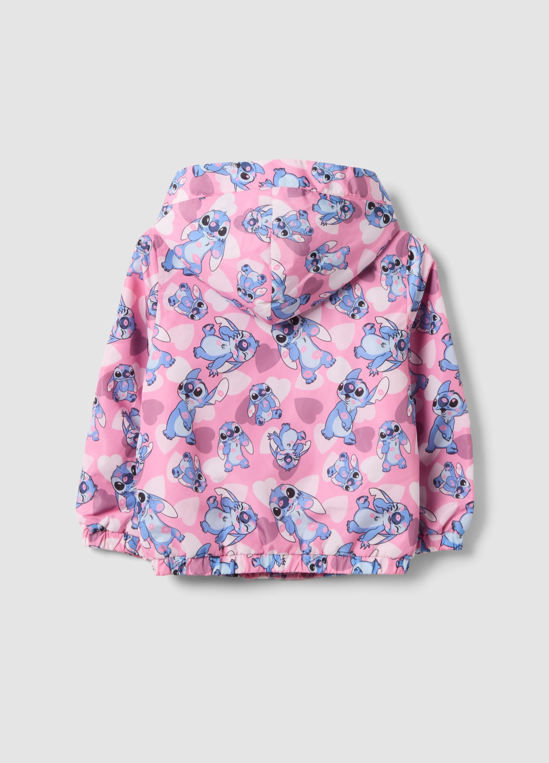 Pink padded rain jacket with hood, zip and Lilo & Stitch print