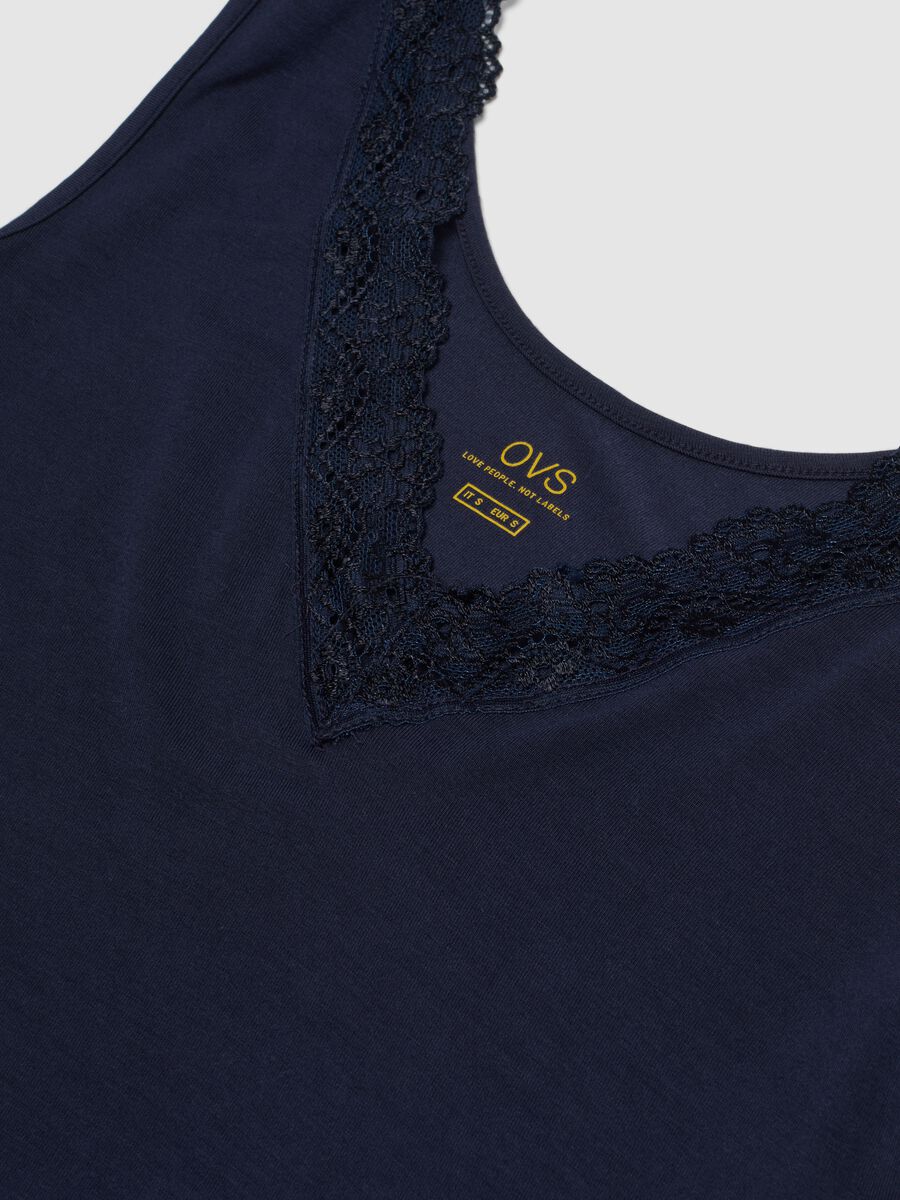 Blue stretch viscose tank top with deep V lace trim regular fit_5