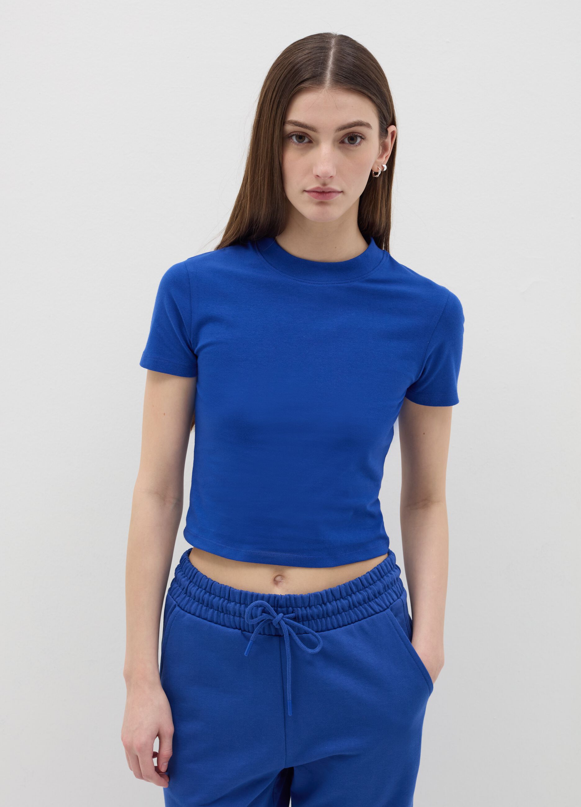 Stretch cotton T-shirt with mock neck