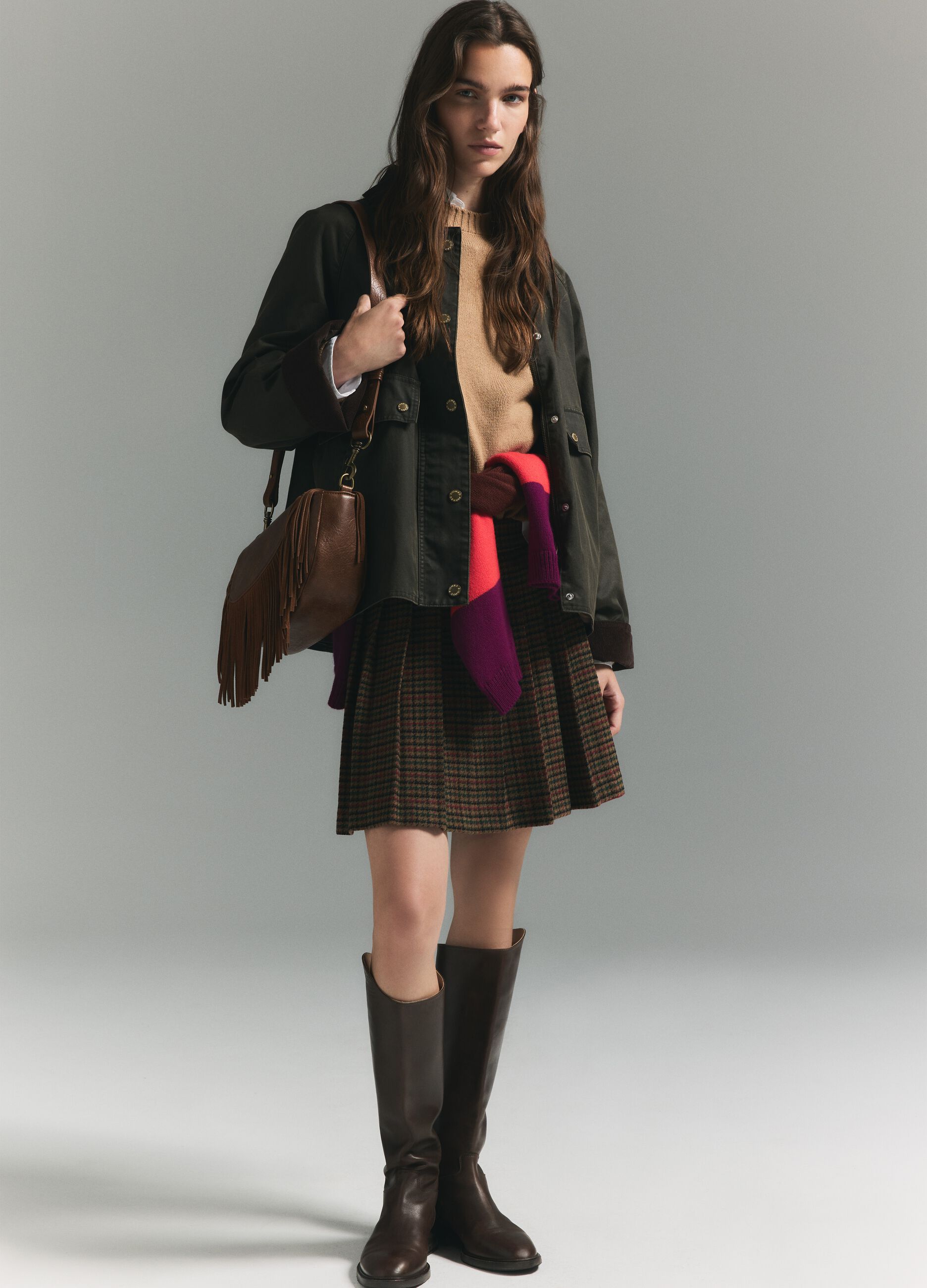 Gonna in misto lana marrone a pieghe