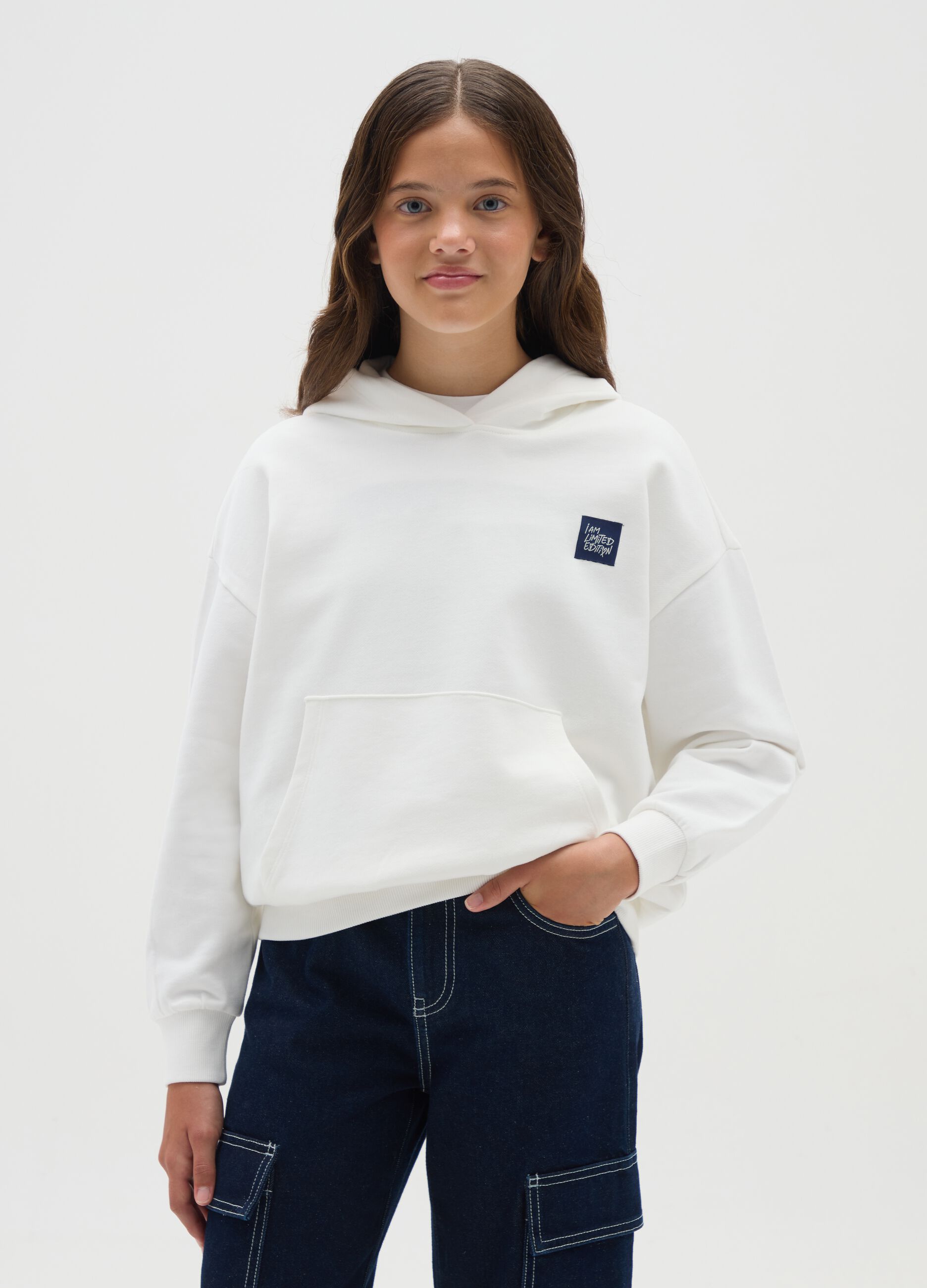 Girls' oversized pure cotton white hoodie
