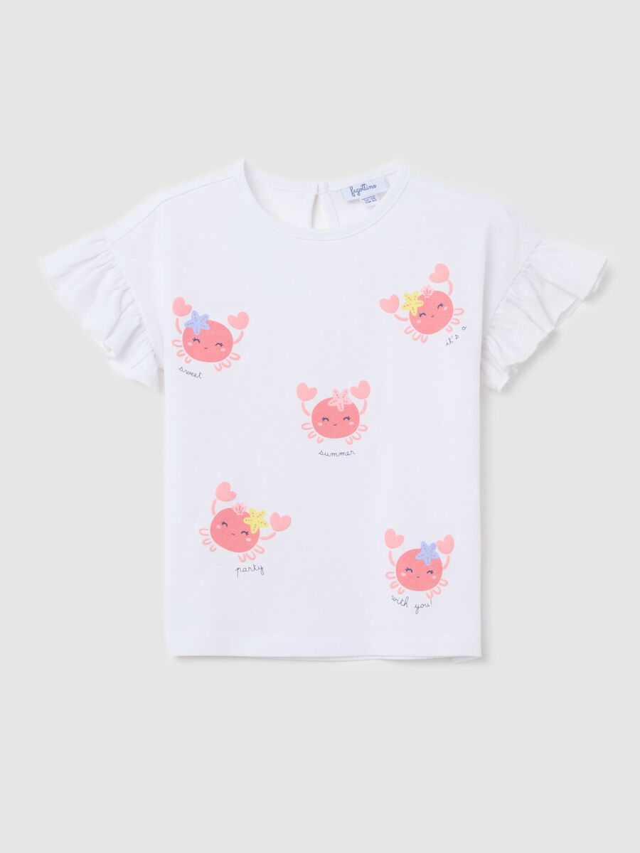 White T-shirt in cotton with print and flounce_0