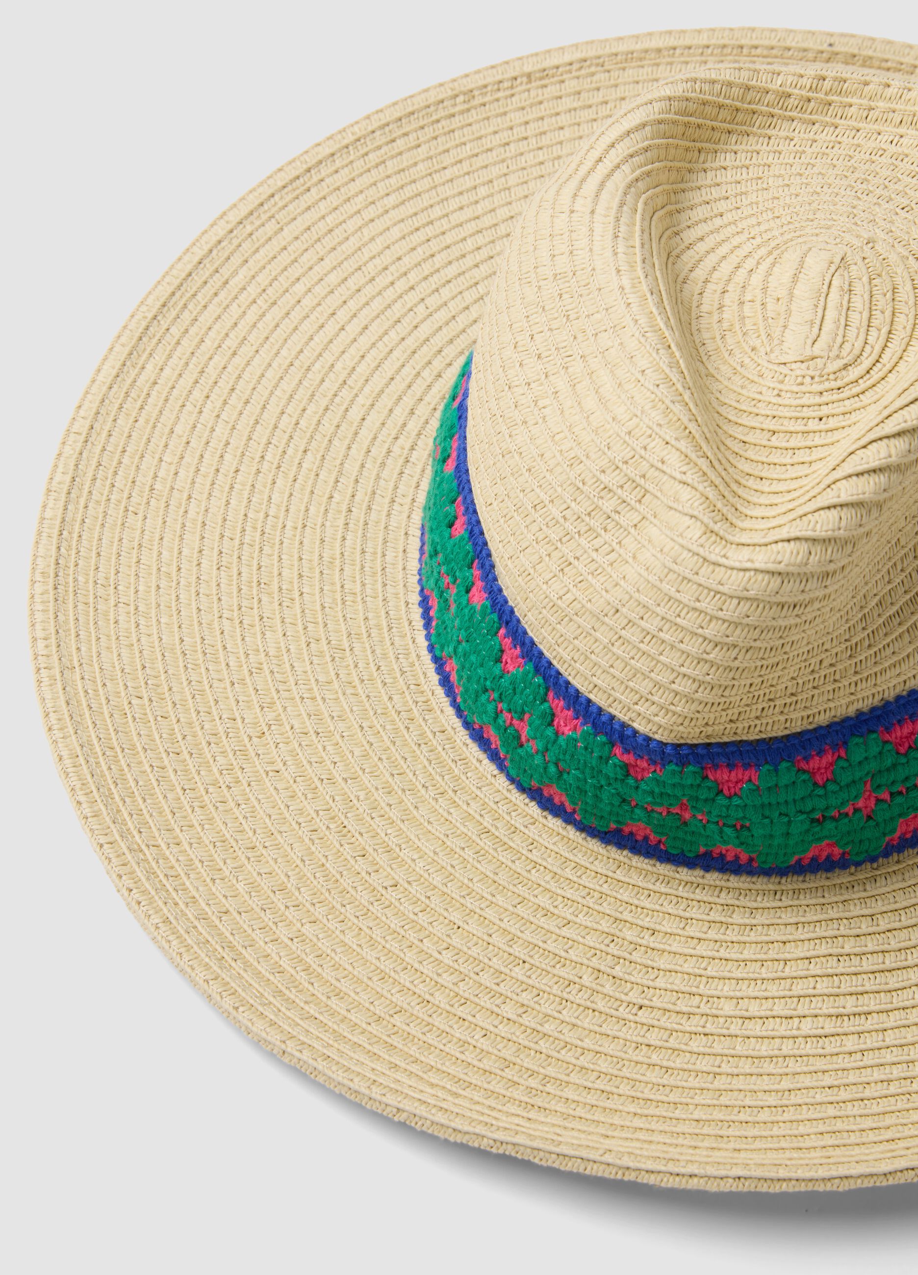 Beige Panama hat in pure paper fabric with multicolour band