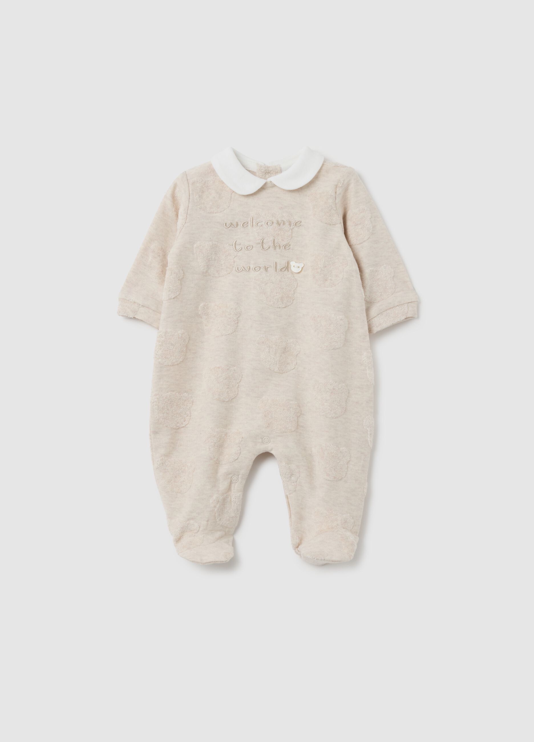 Baby bodysuit in pure beige cotton with collar
