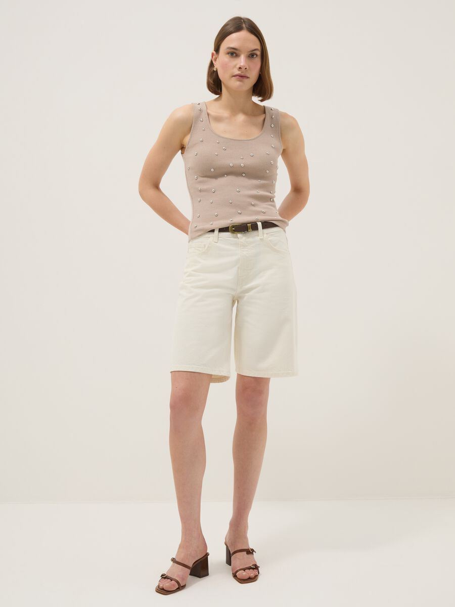 Beige regular fit tank top with metallic appliqu&eacute;s_1