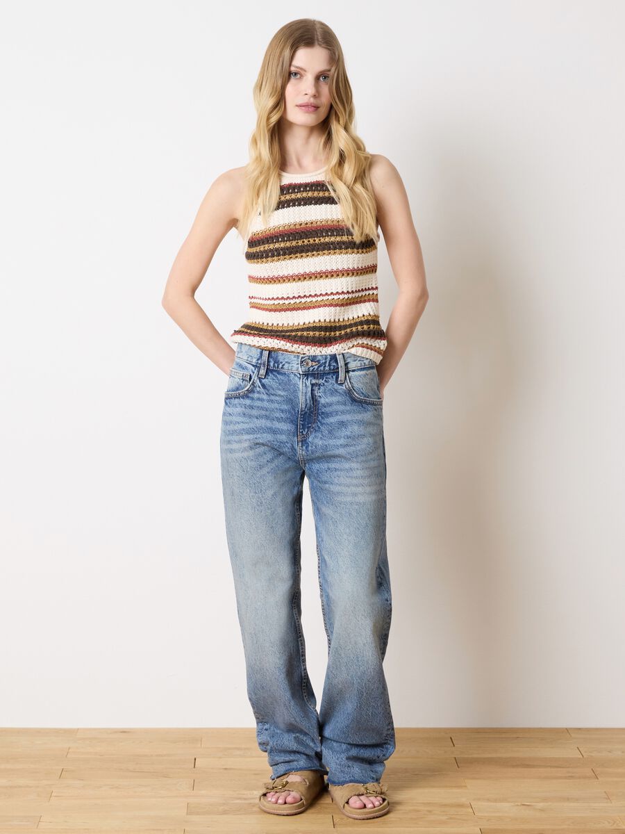 Beige and brown striped crochet tank top with lurex details_0