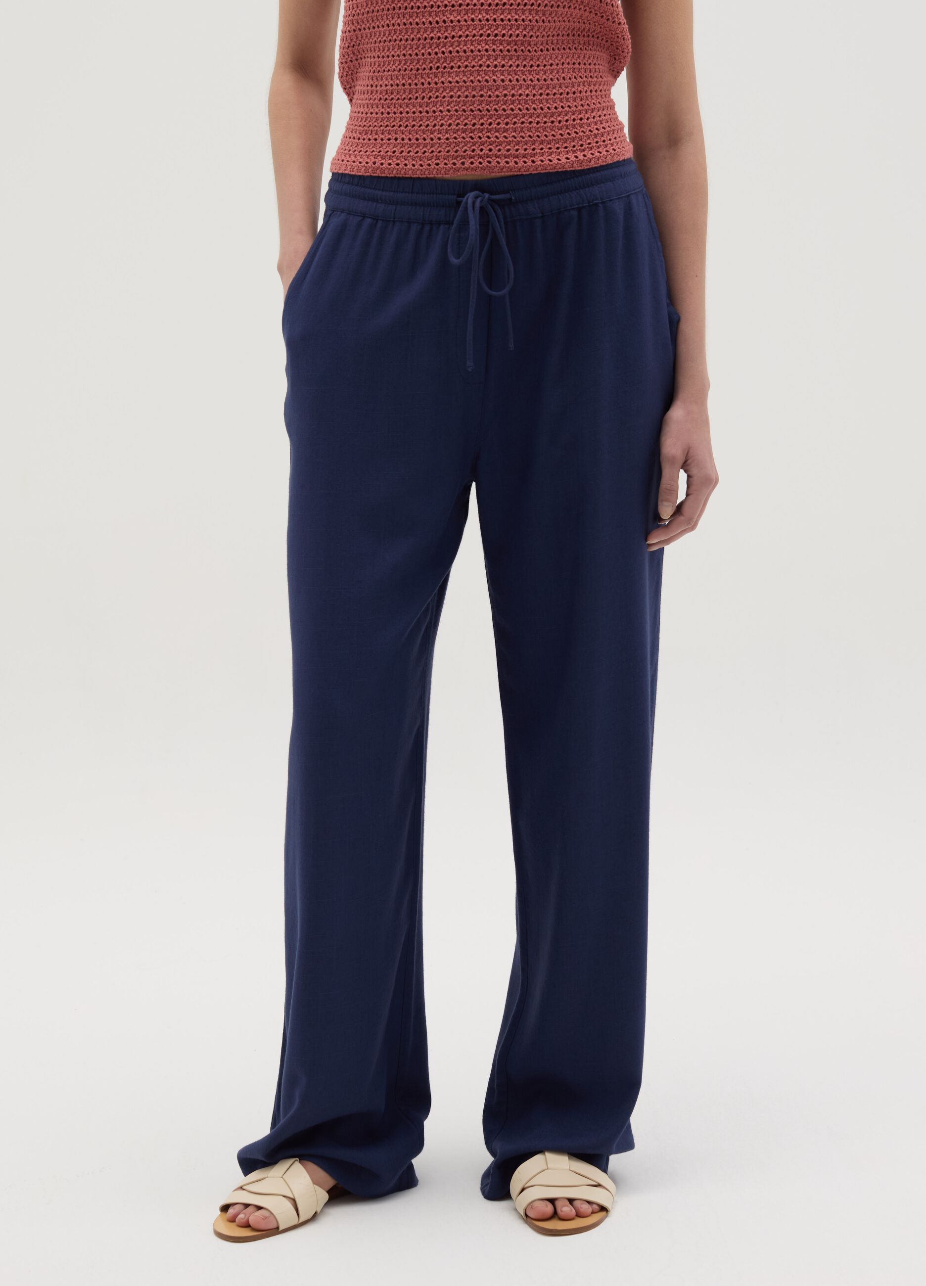Blue palazzo trousers in viscose and linen