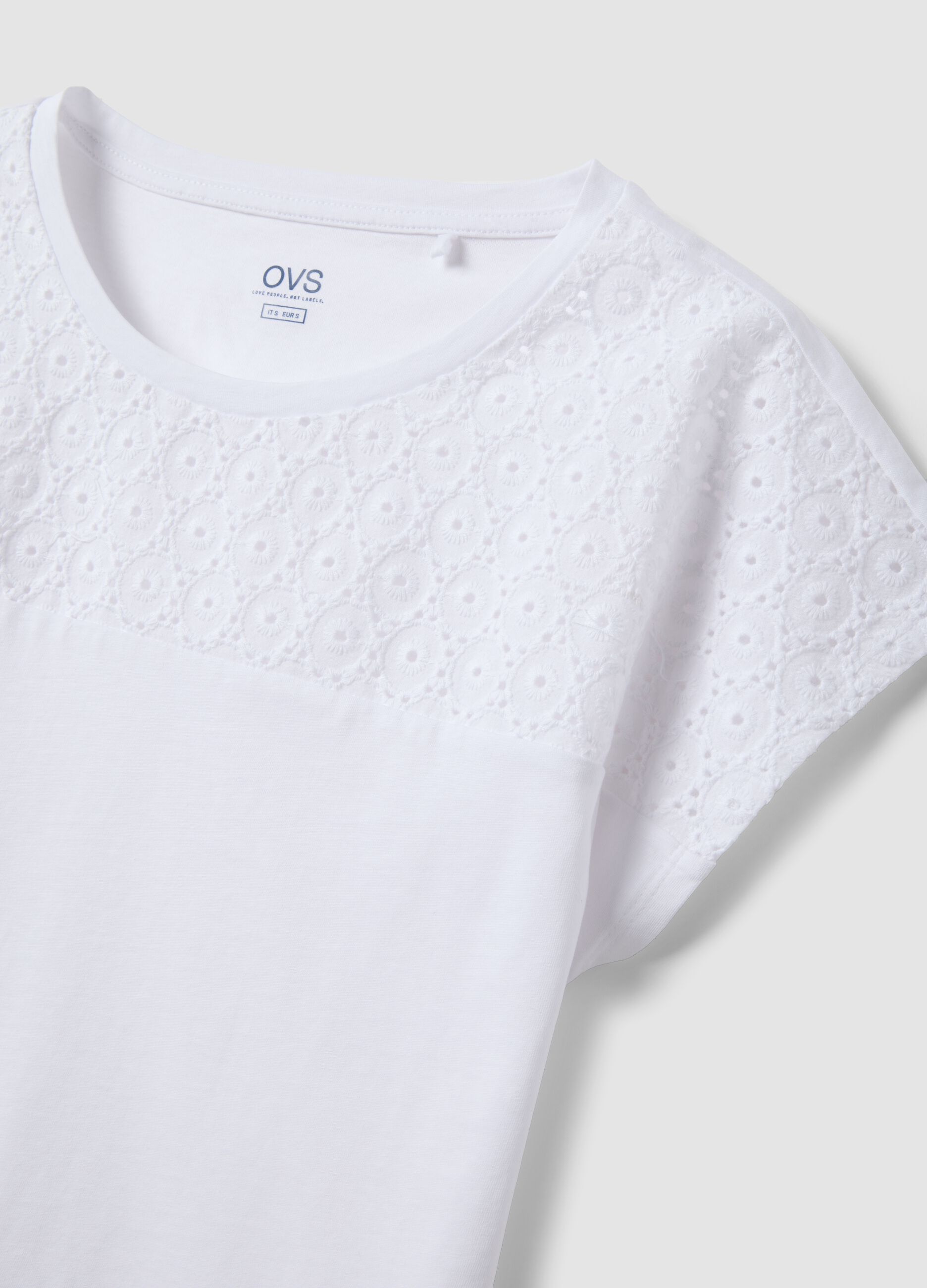 White pure cotton T-shirt with broderie anglaise detail, regular fit