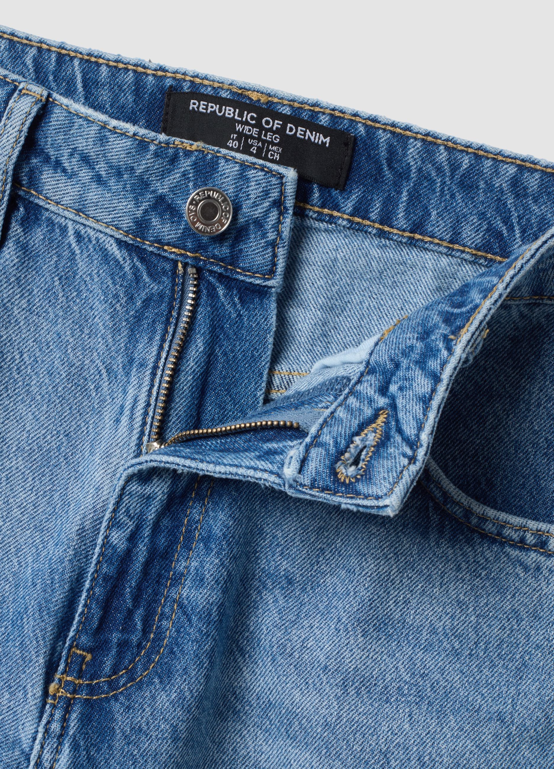 Light blue pure cotton high-waisted wide-leg denim jeans