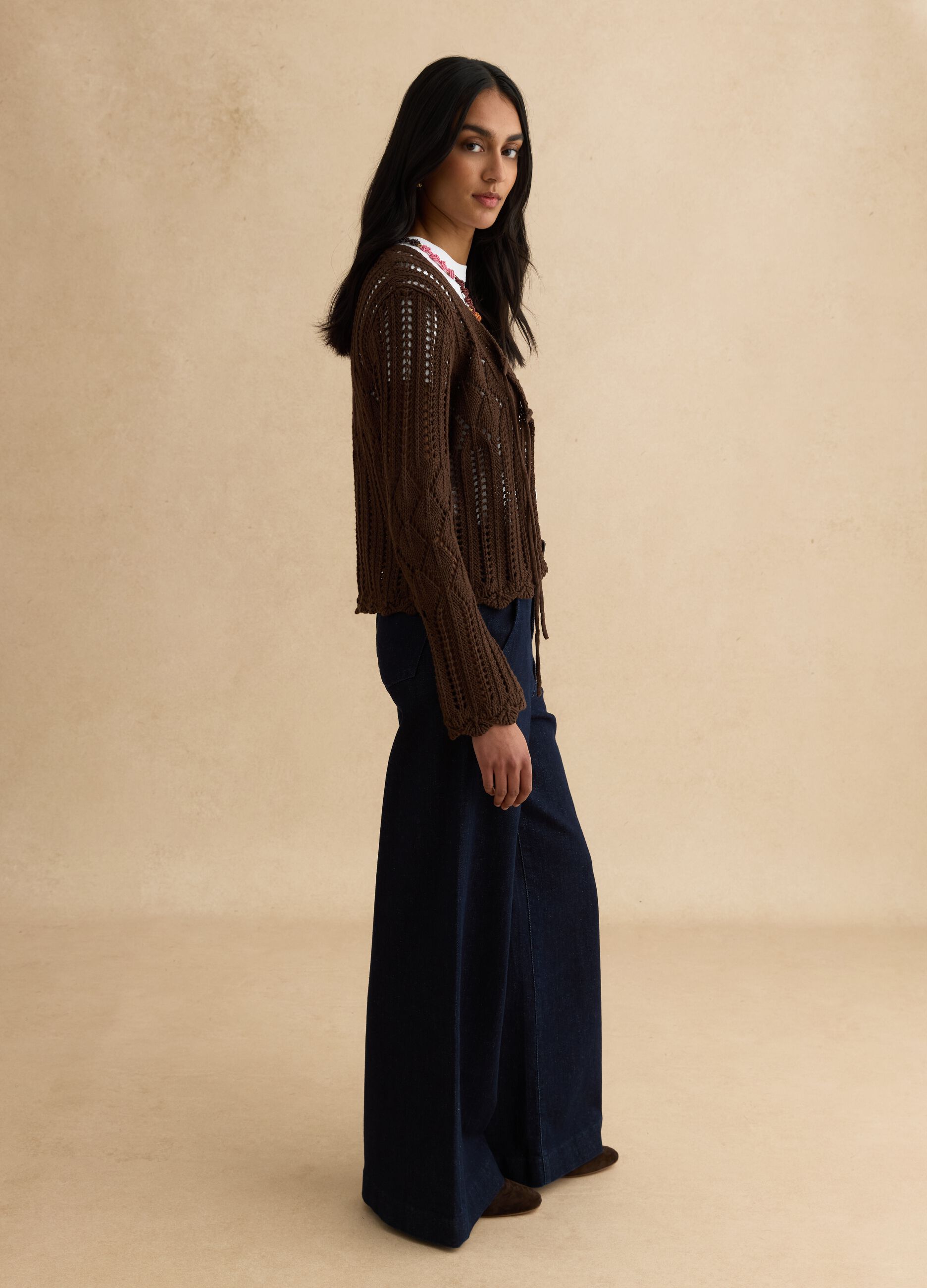 Brown pure cotton regular fit deep V openwork cardigan