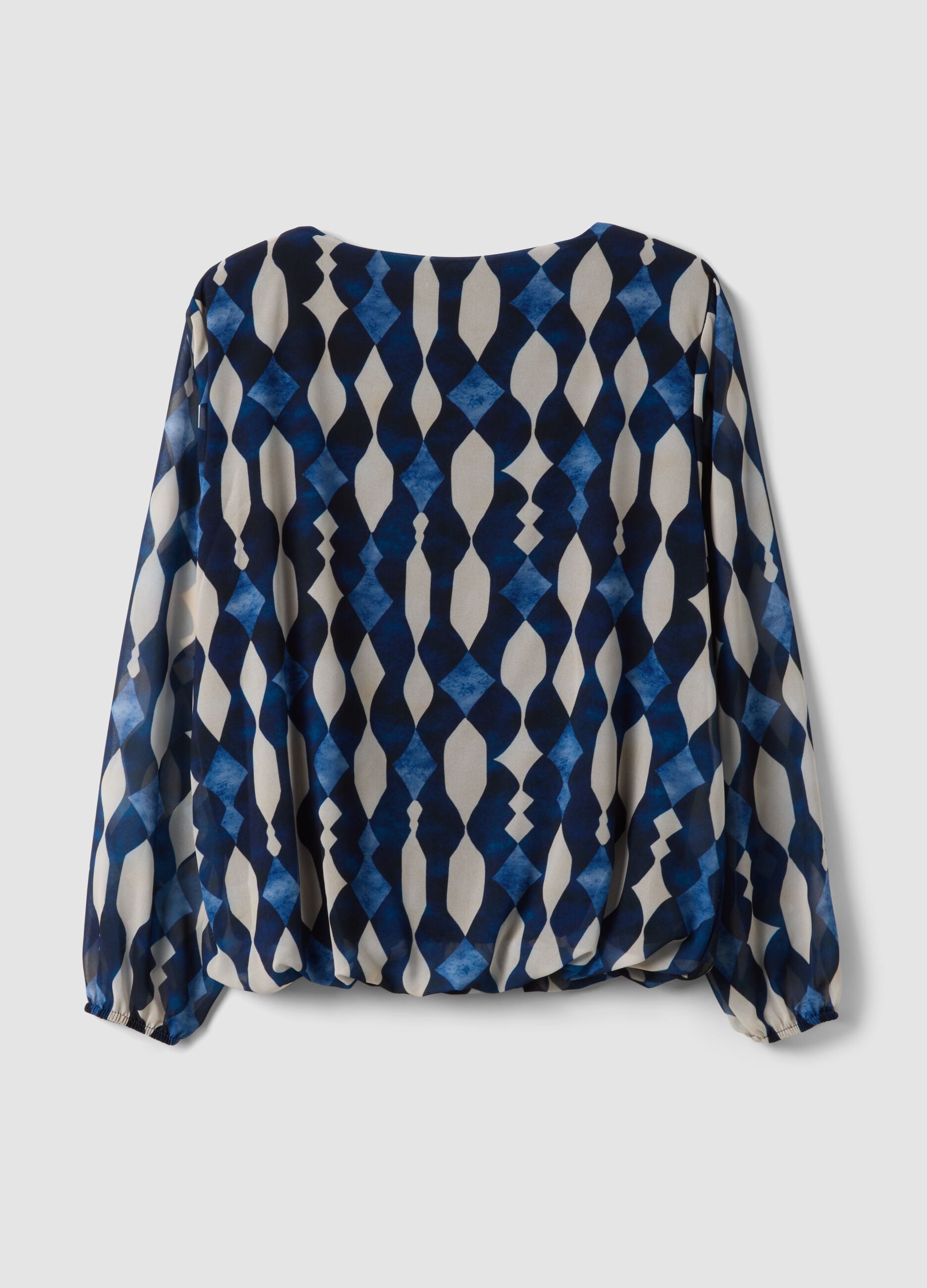 Blue and white geometric print blouse, regular fit