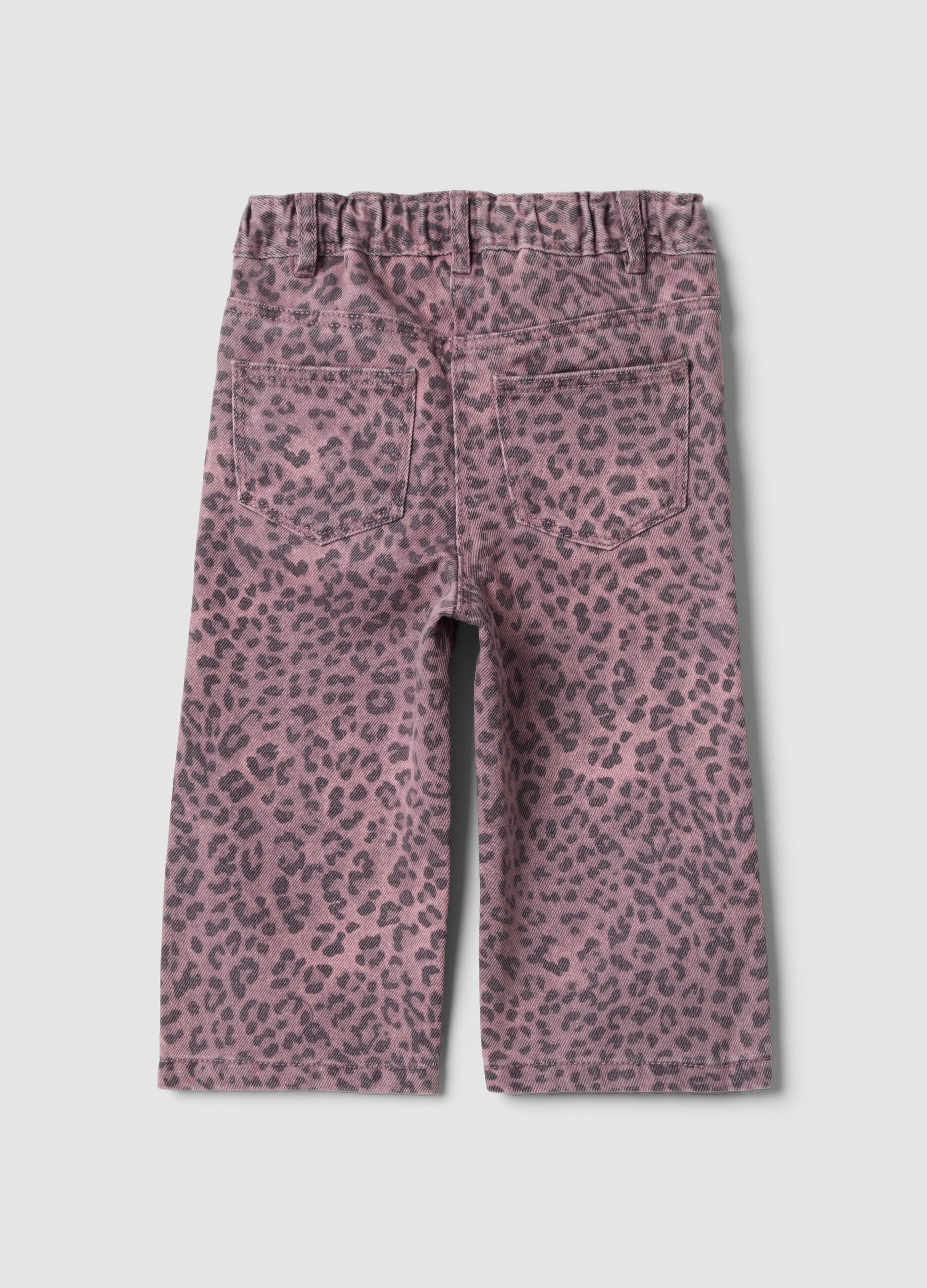 Pink leopard-print pure cotton trousers for baby girl, regular fit